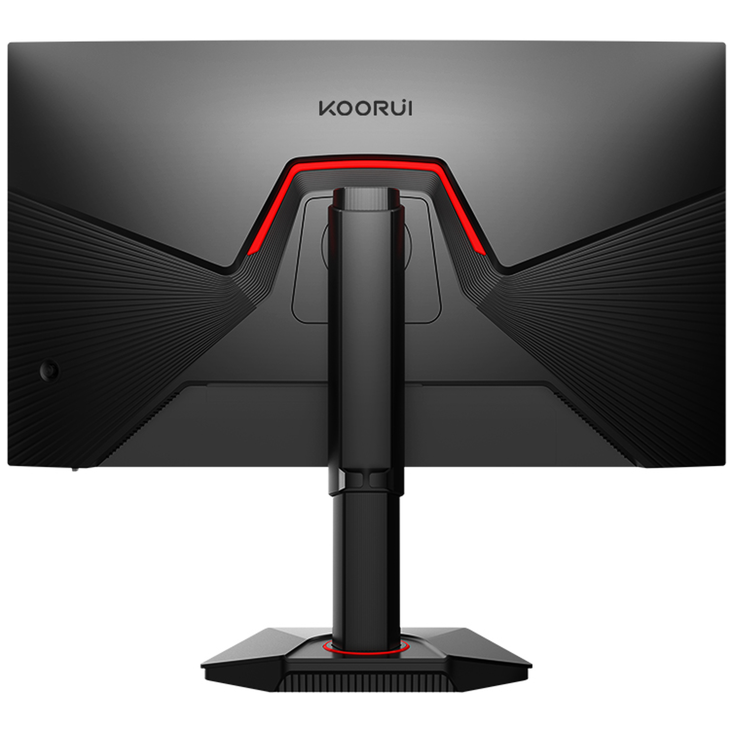Back of a black monitor with red lighting and KOORUI logo.