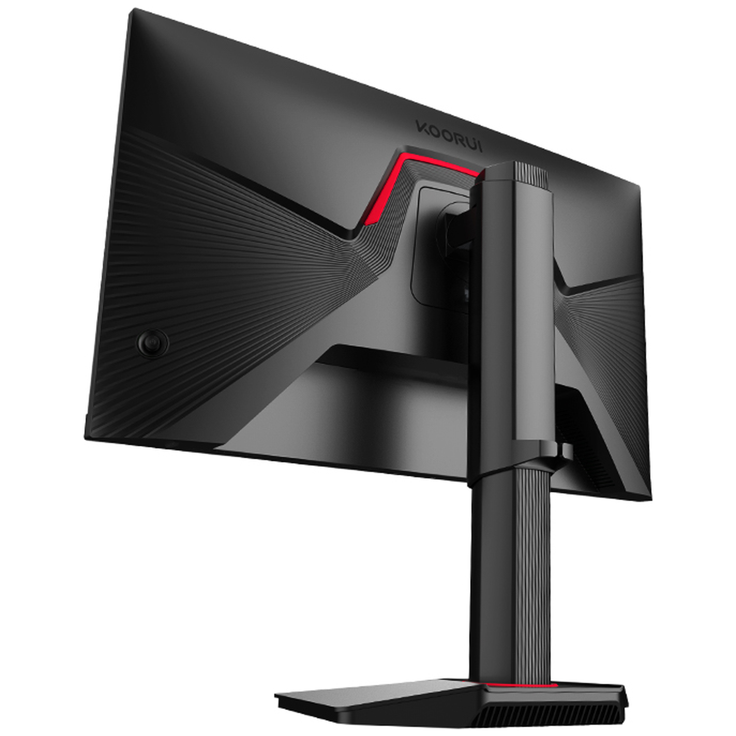 Rear view of a black monitor with red accent and ribbed stand.