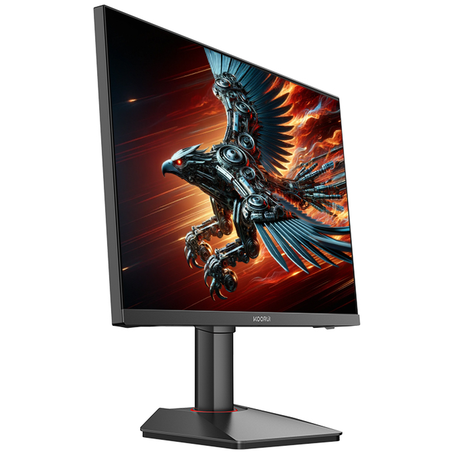 A mechanical eagle with red eyes flies across a fiery background on a monitor.