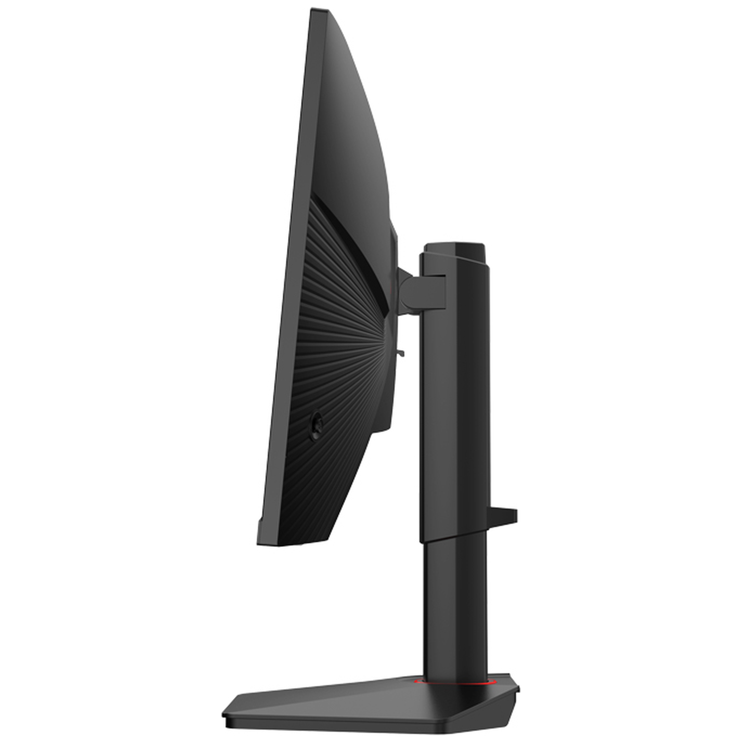 Side view of a black monitor with vents and a stand.