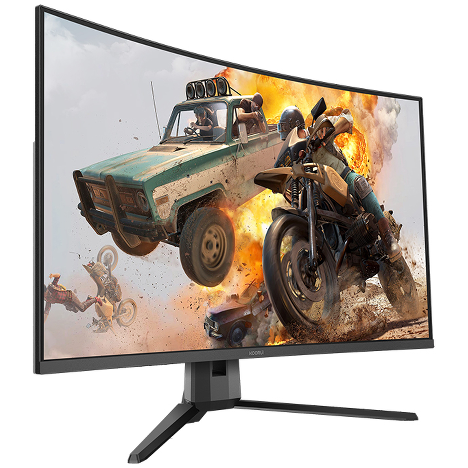 A jump action game with a truck and motorcycle kicking up dust and fire.