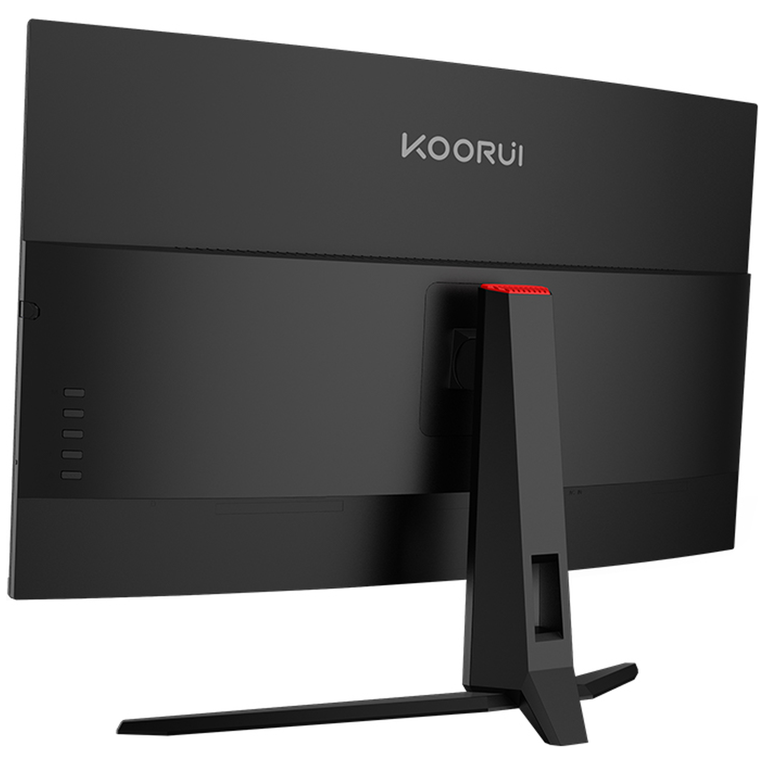 The back of a black KOORUI monitor with a red accent on its stand.