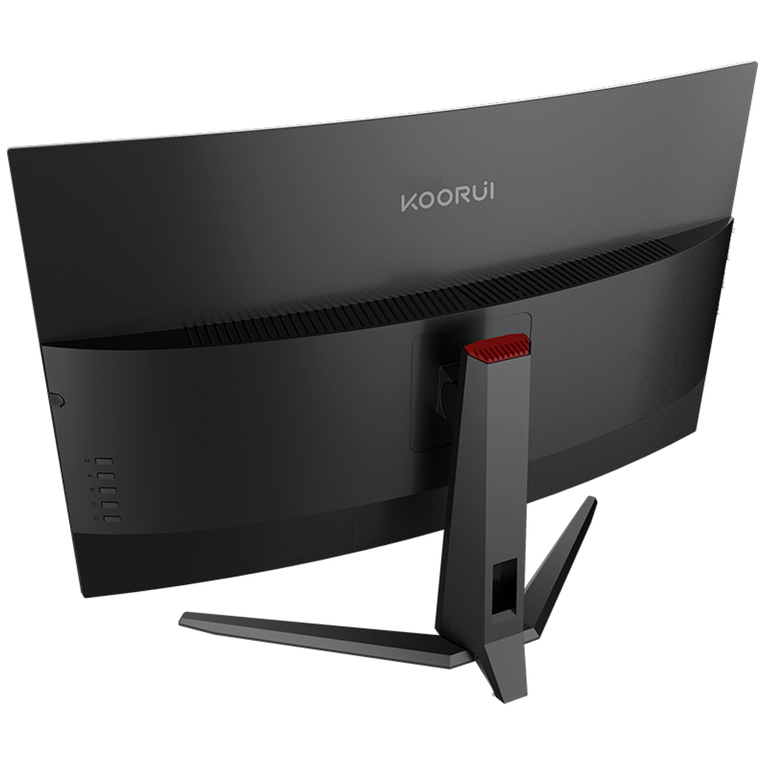 Back view of a black curved monitor with a red accent on the stand.