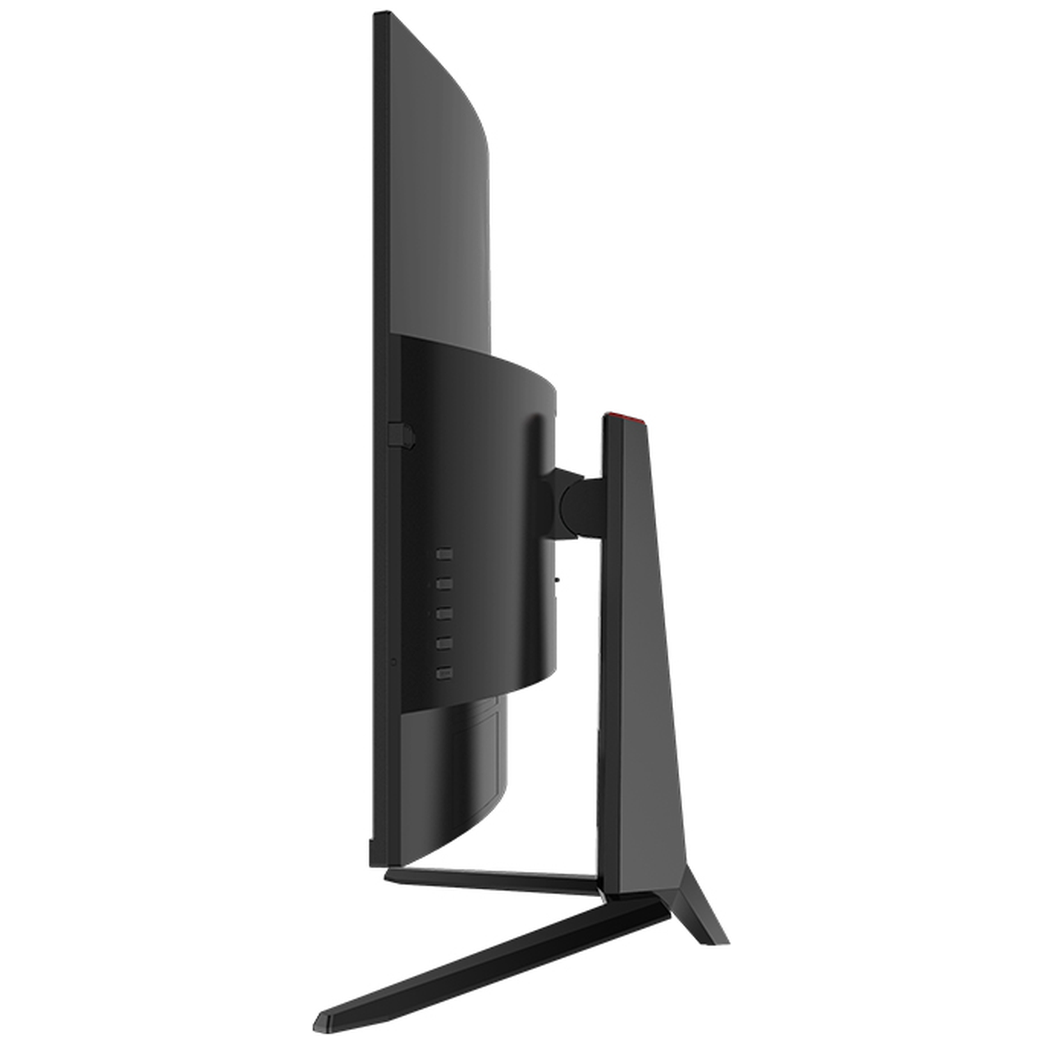 Black computer monitor with curved screen and stand, side view.