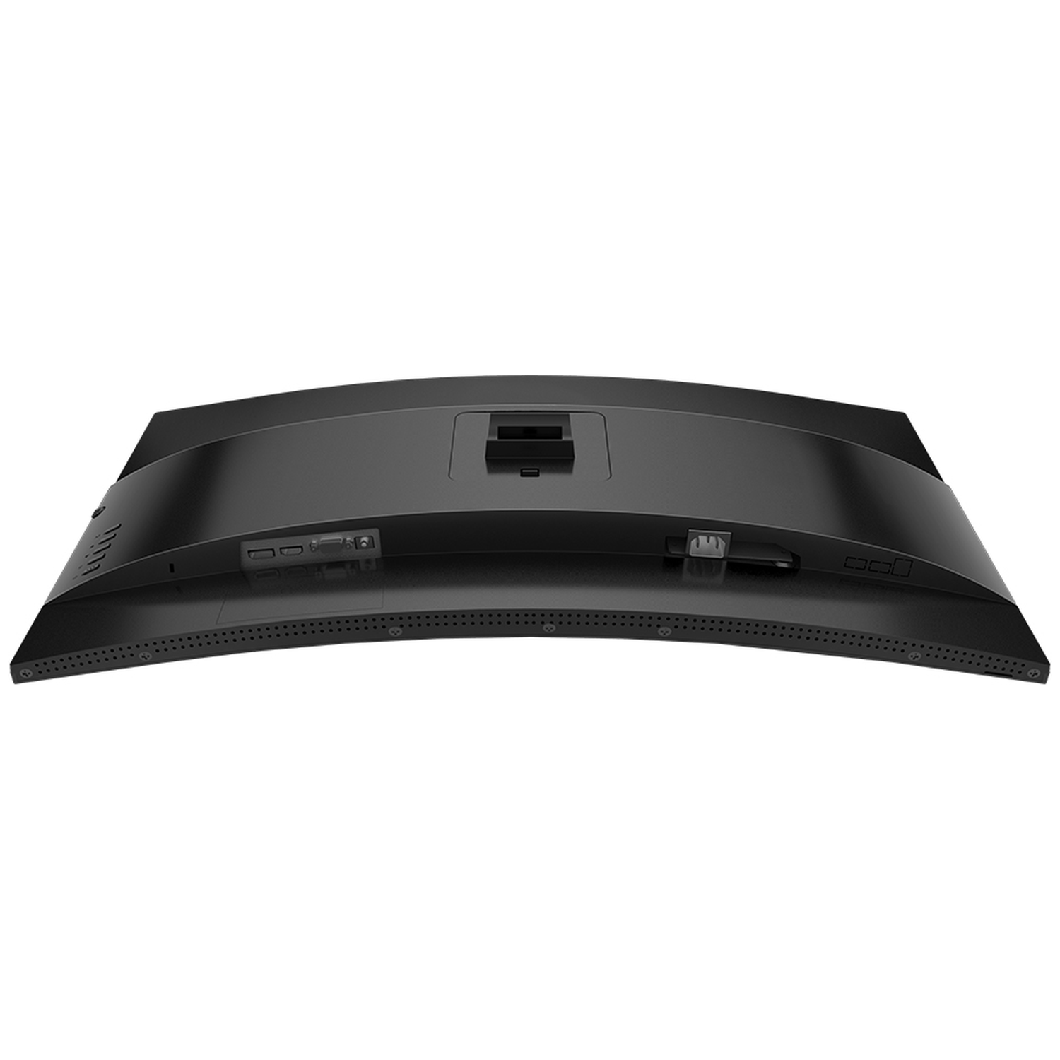 Back view of a black curved monitor with ports.
