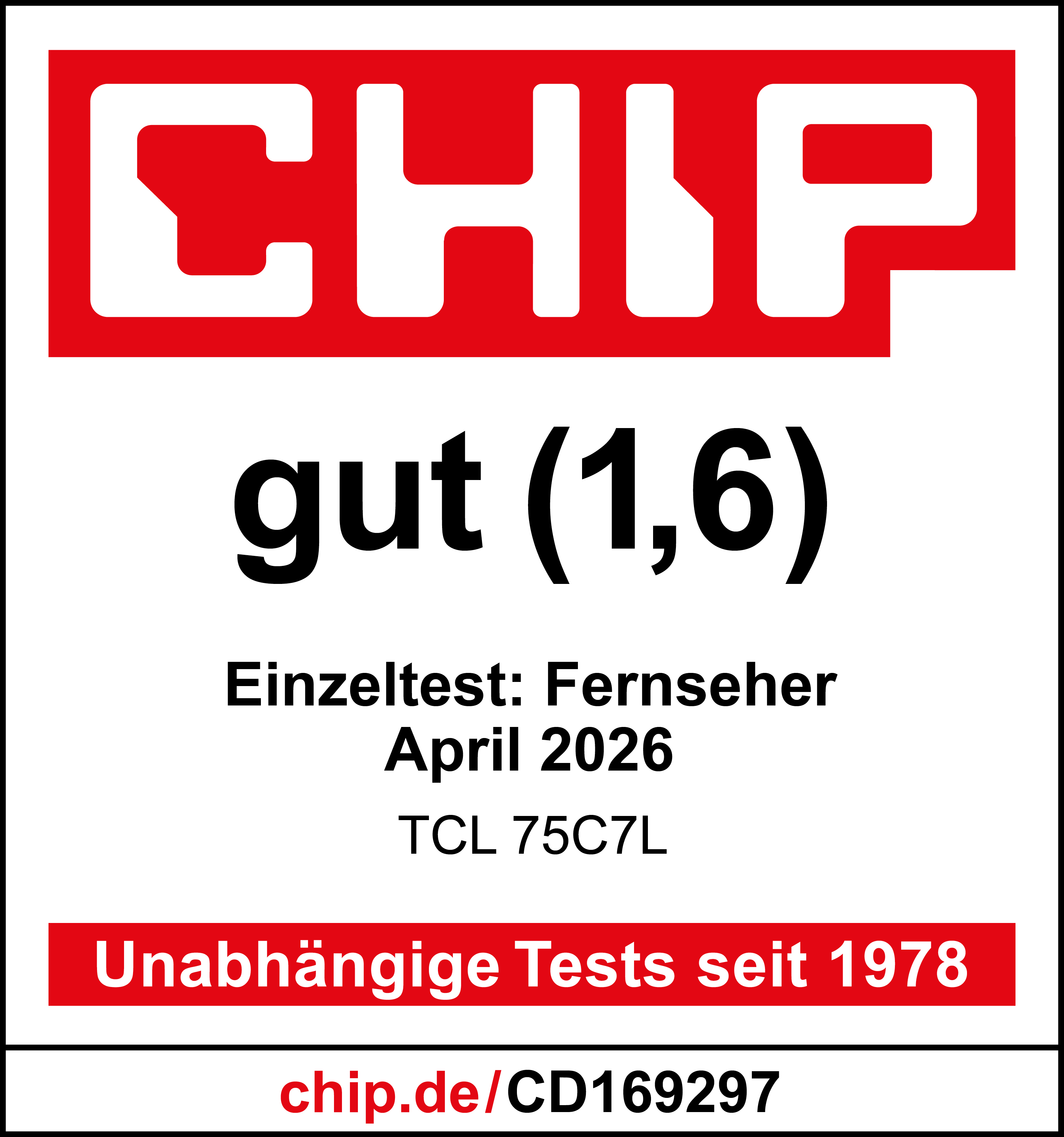 CHIP Logo, Bewertung 'gut (1,6)', Test von Fernseher TCL 75C7L