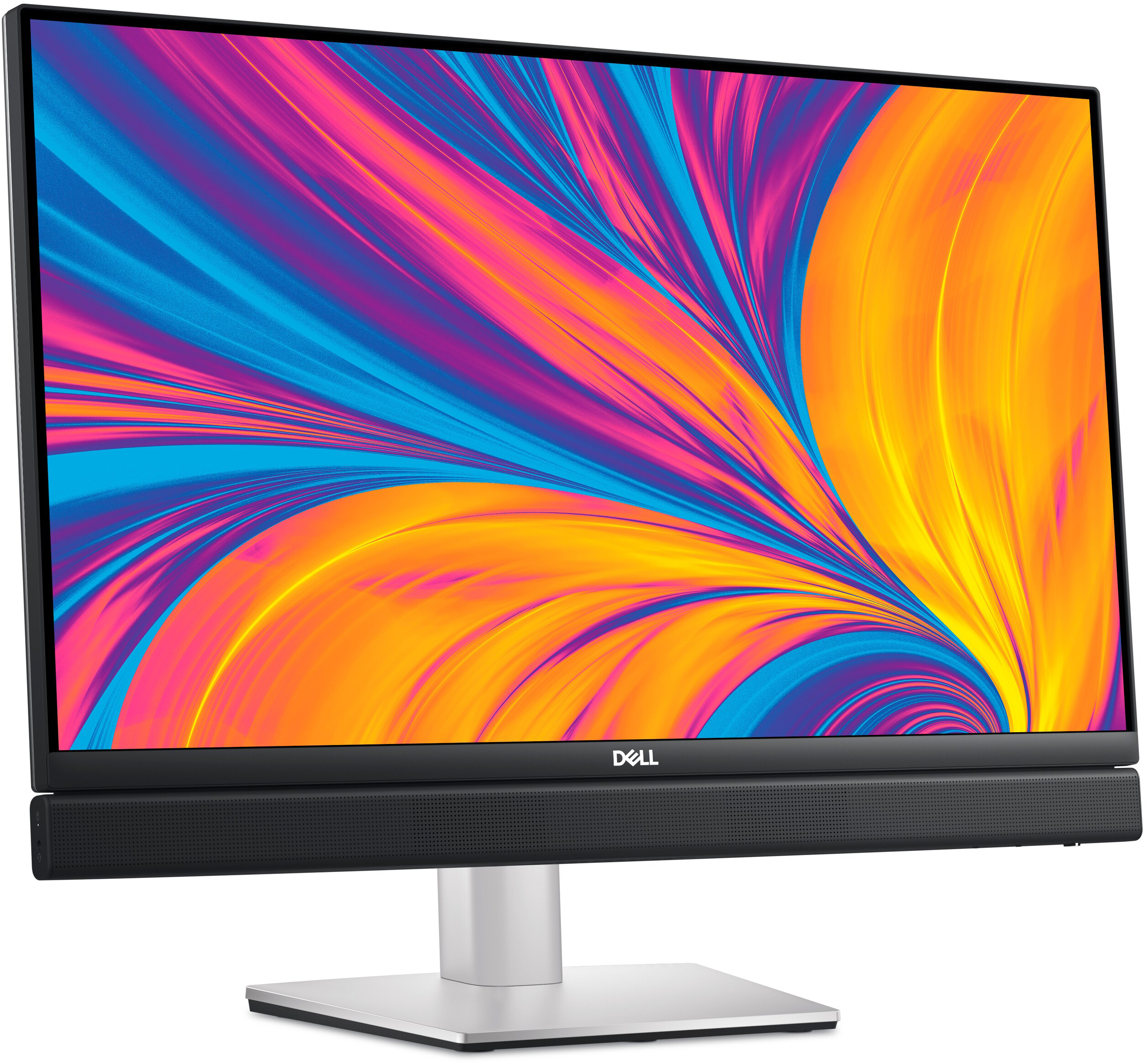 Egy Dell monitor színes, absztrakt háttérképpel és hangfallal.
