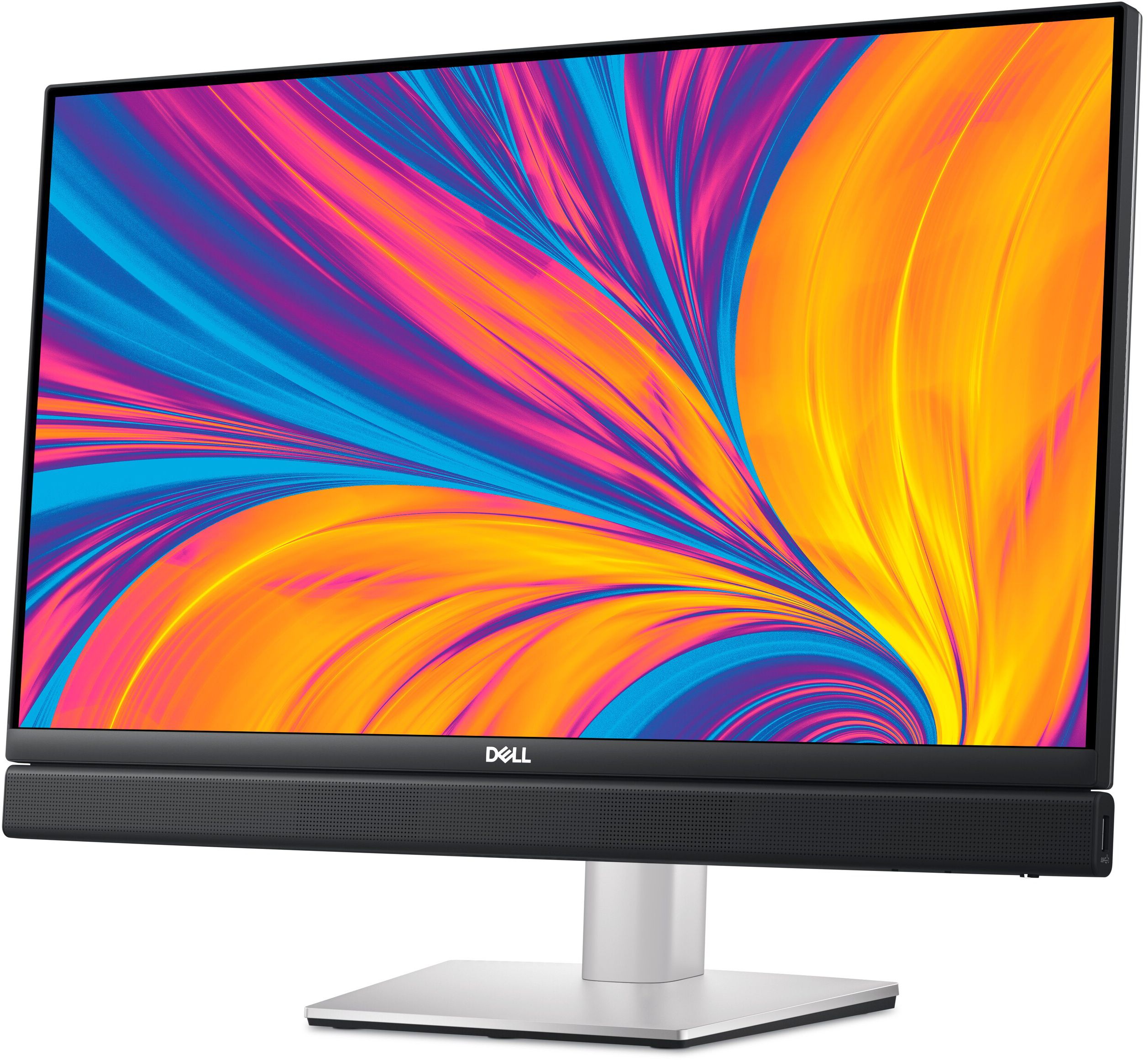 Egy Dell monitor kék, rózsaszín és narancssárga árnyalatú absztrakt háttérrel.