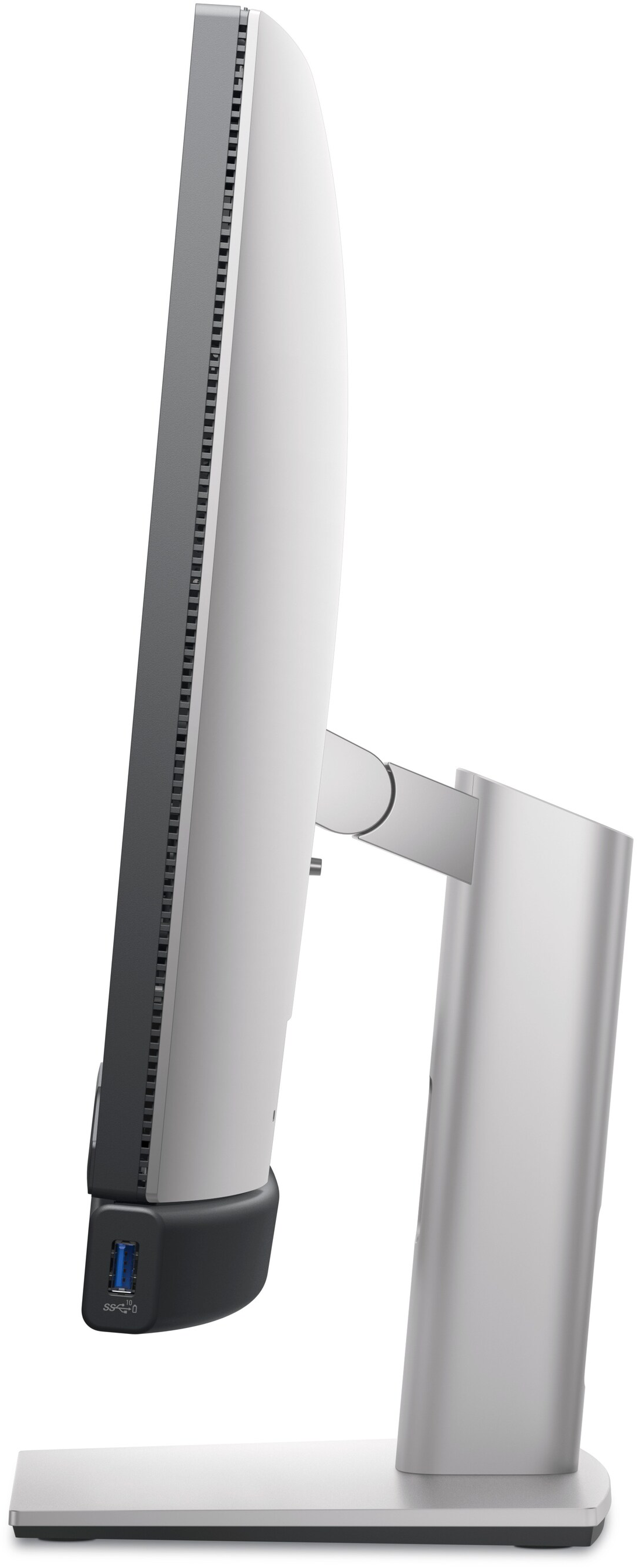 Egy elegáns, fehér monitor oldalsó nézete, ezüst állvánnyal és USB porttal.
