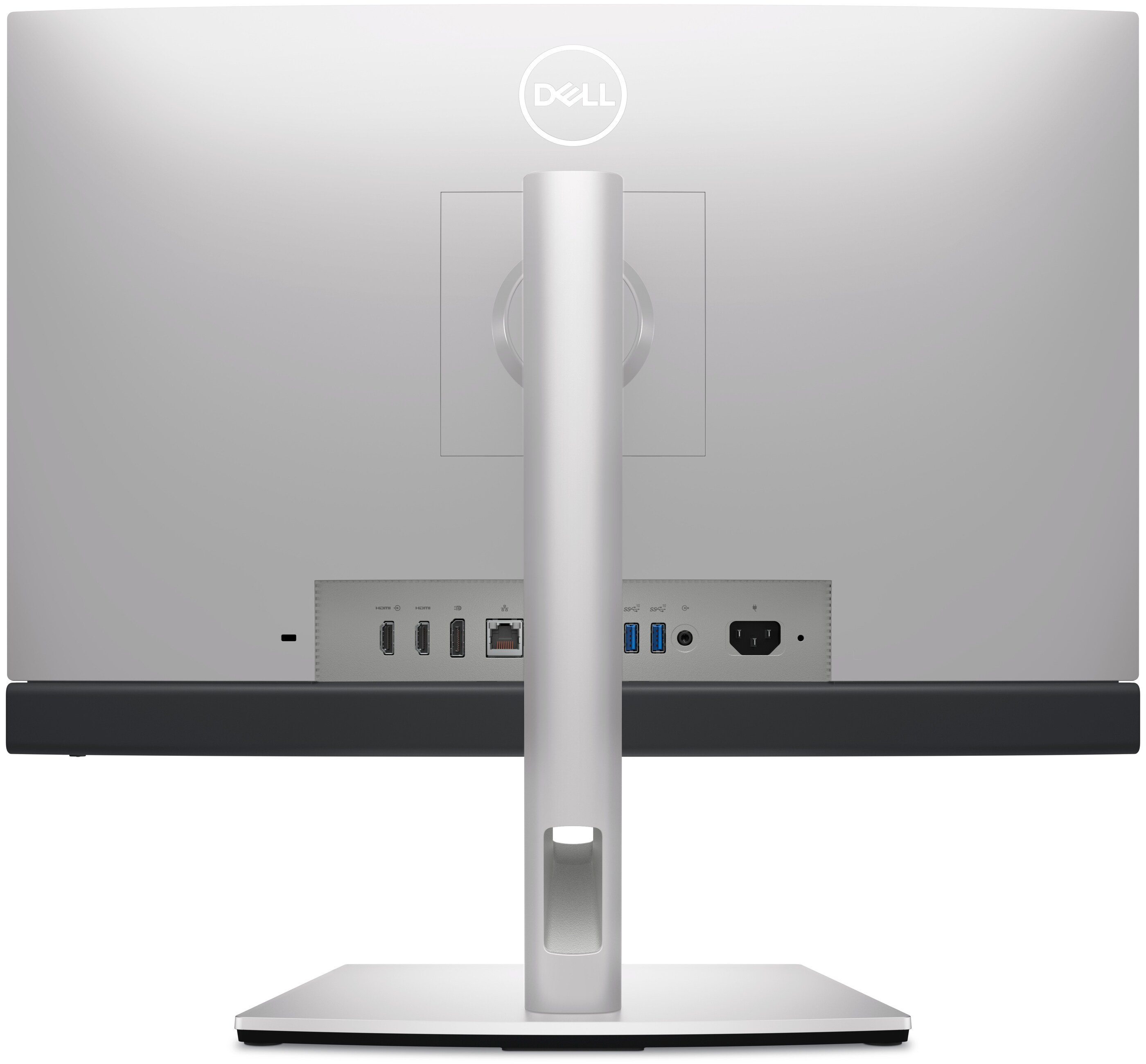 Ezüst Dell All-in-One számítógép hátulnézete portokkal.