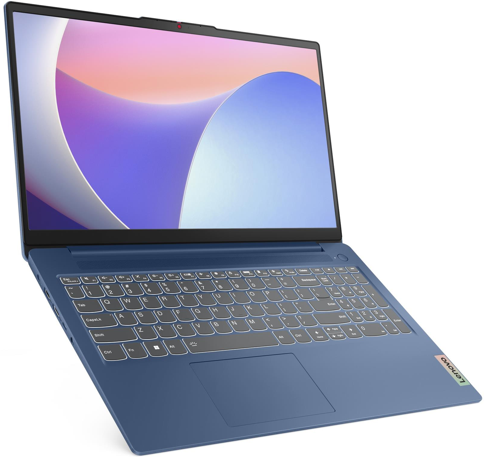 Kék laptop háttérvilágítású billentyűzettel és Lenovo logóval.