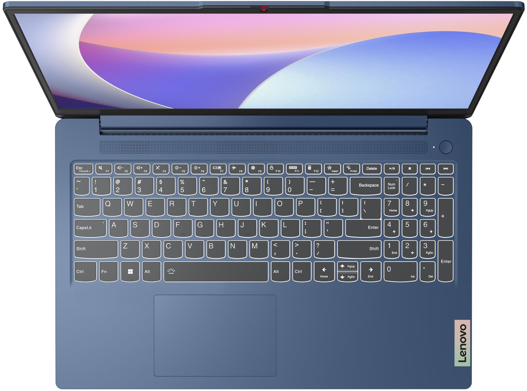 Egy nyitott sötétkék laptop billentyűzettel és érintőpaddal.