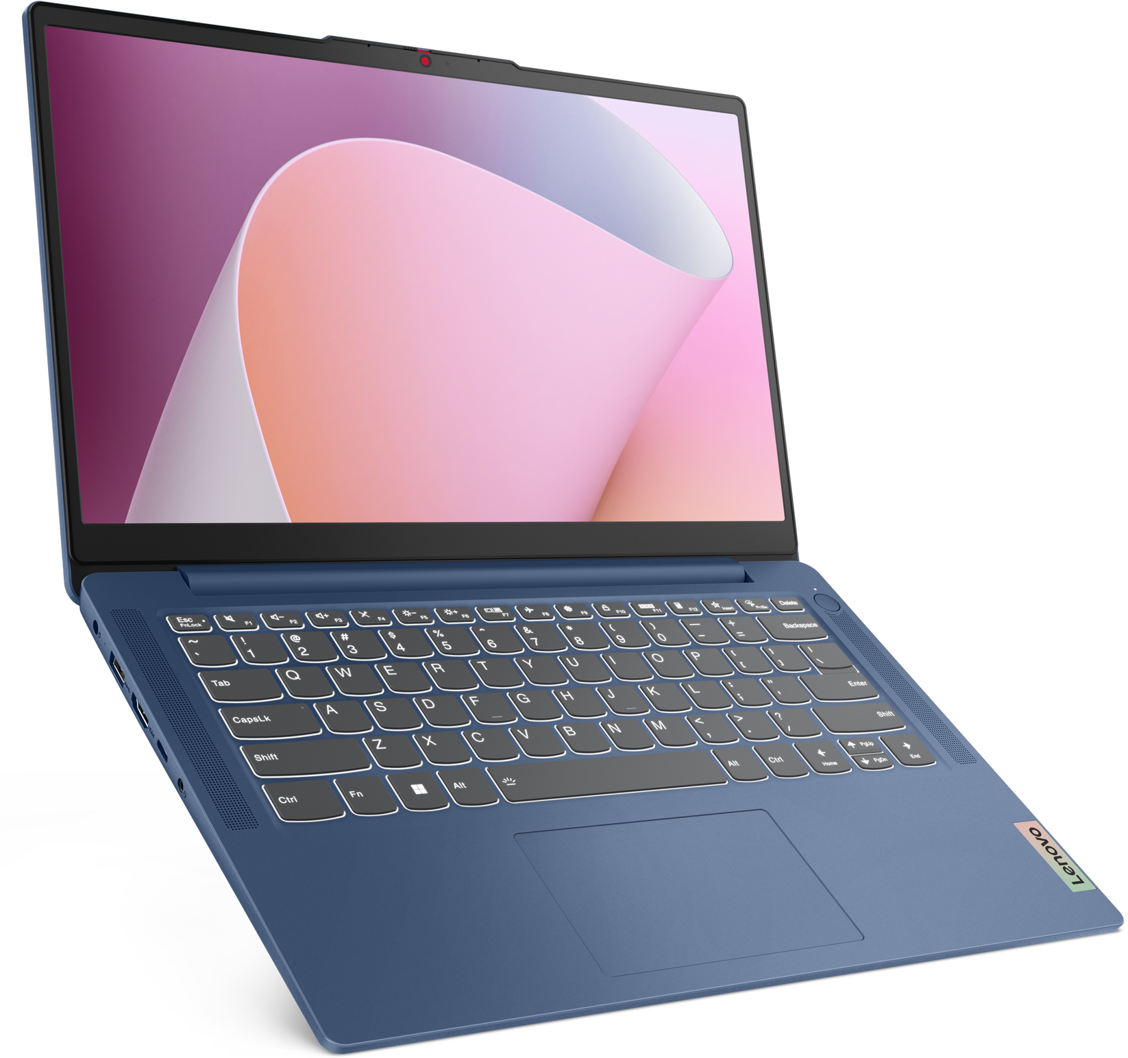 Kék Lenovo laptop háttérvilágított billentyűzettel és absztrakt háttérrel.