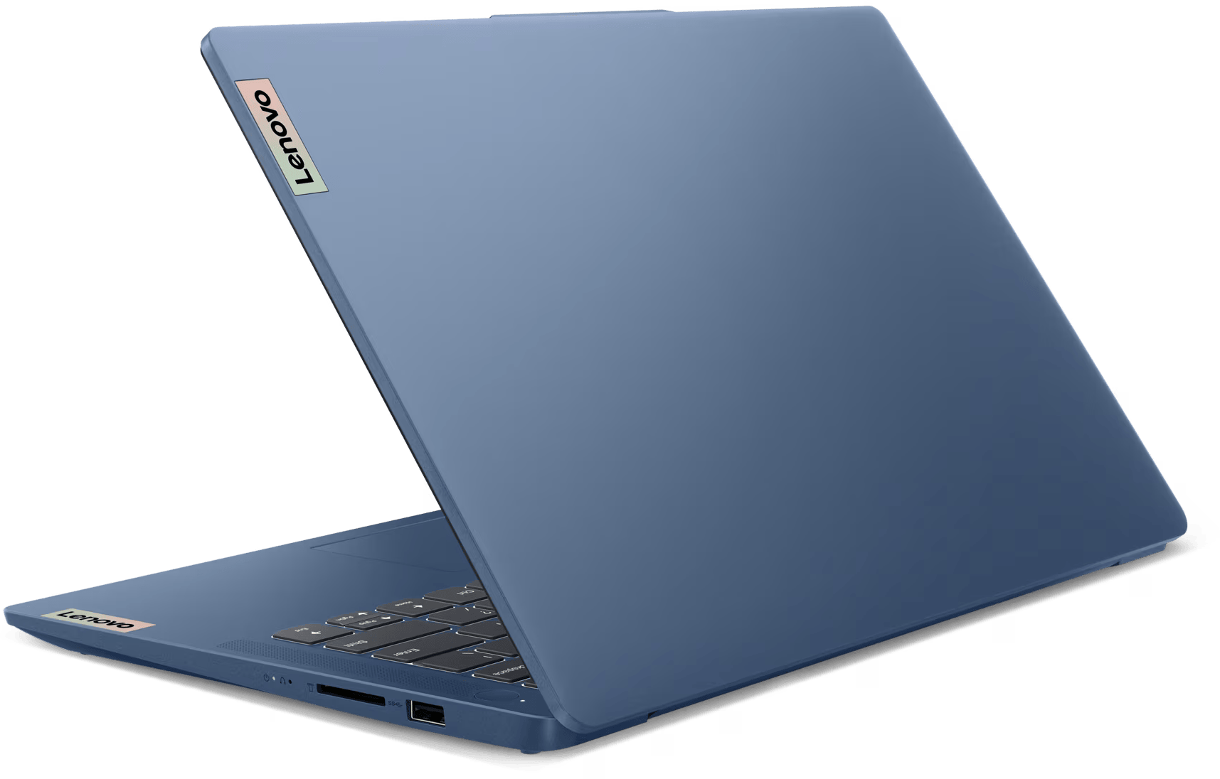 Egy nyitott kék Lenovo laptop, billentyűzet és portok láthatóak. Logóval.