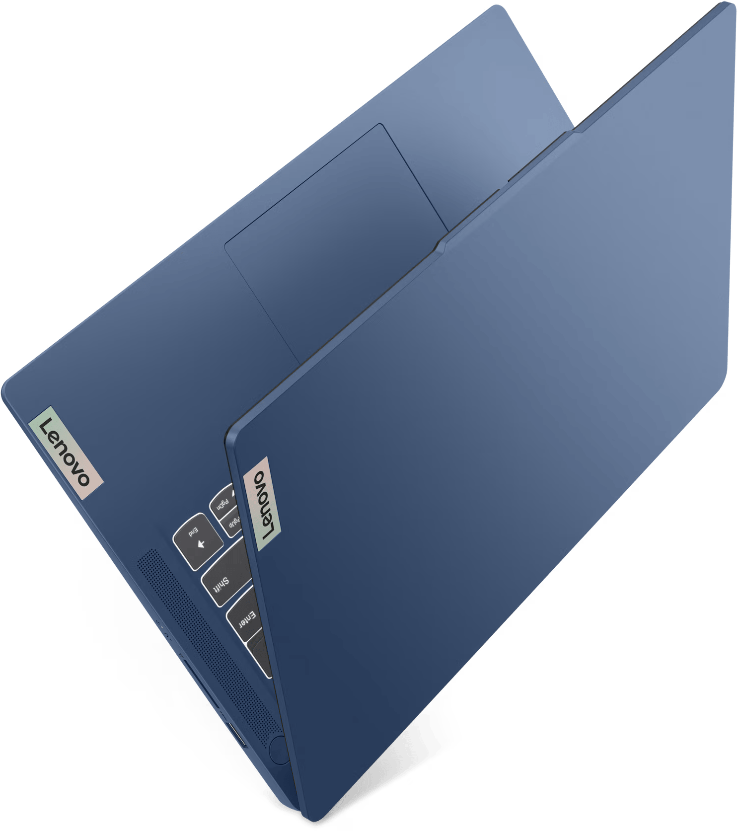 Egy sötétkék Lenovo laptop nyitott fedéllel, billentyűzet és érintőpad látható.