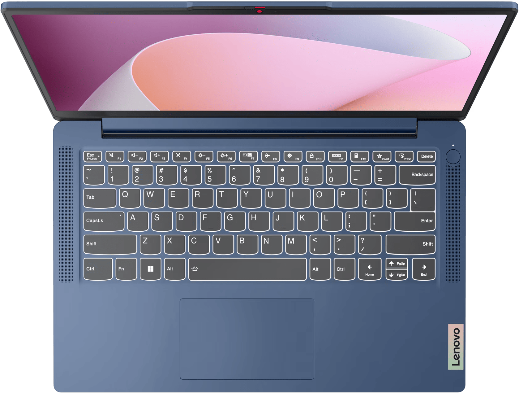 Egy kék laptop nyitott képernyővel és háttérvilágítású billentyűzettel.