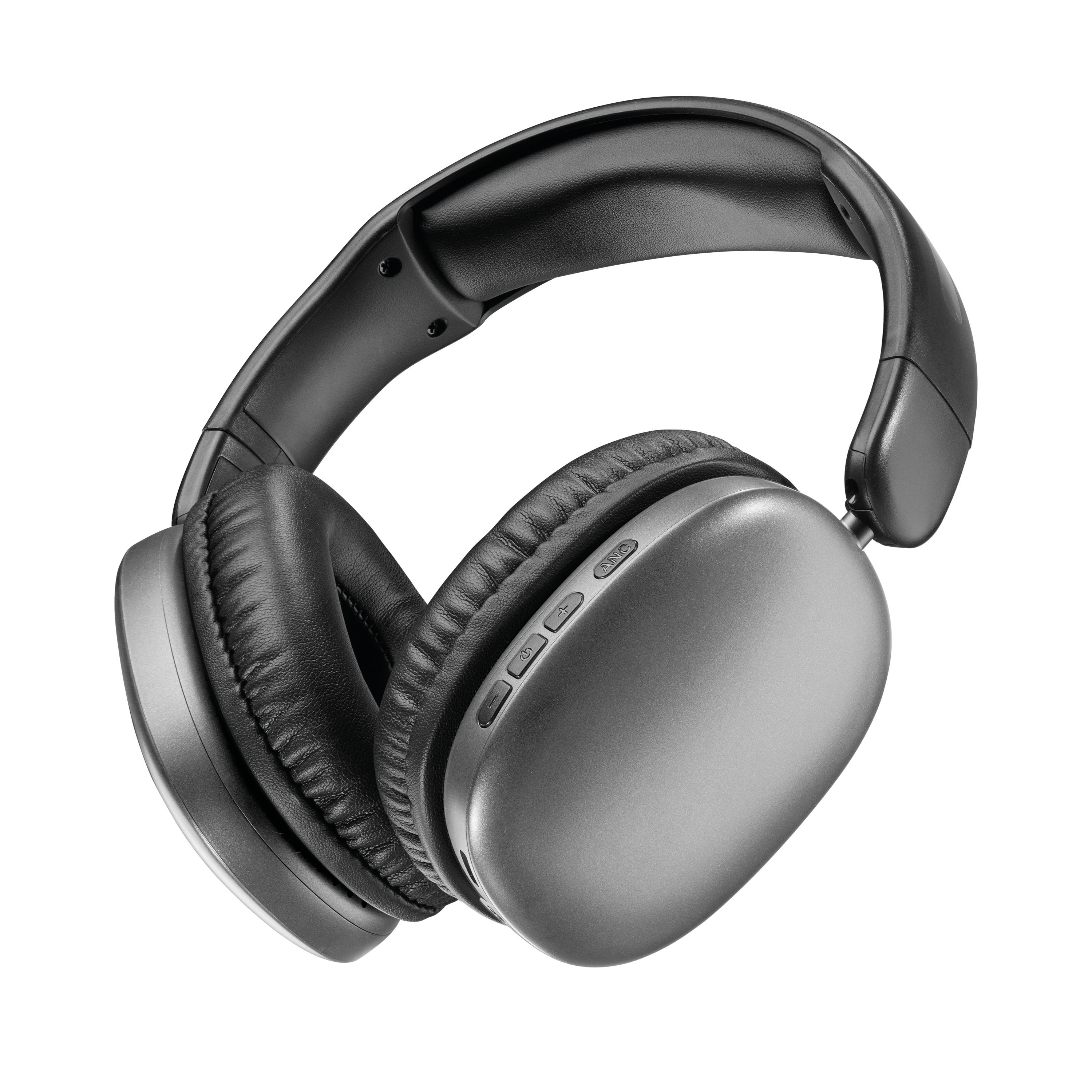 Cuffie grigie over-ear con archetto e padiglioni neri.