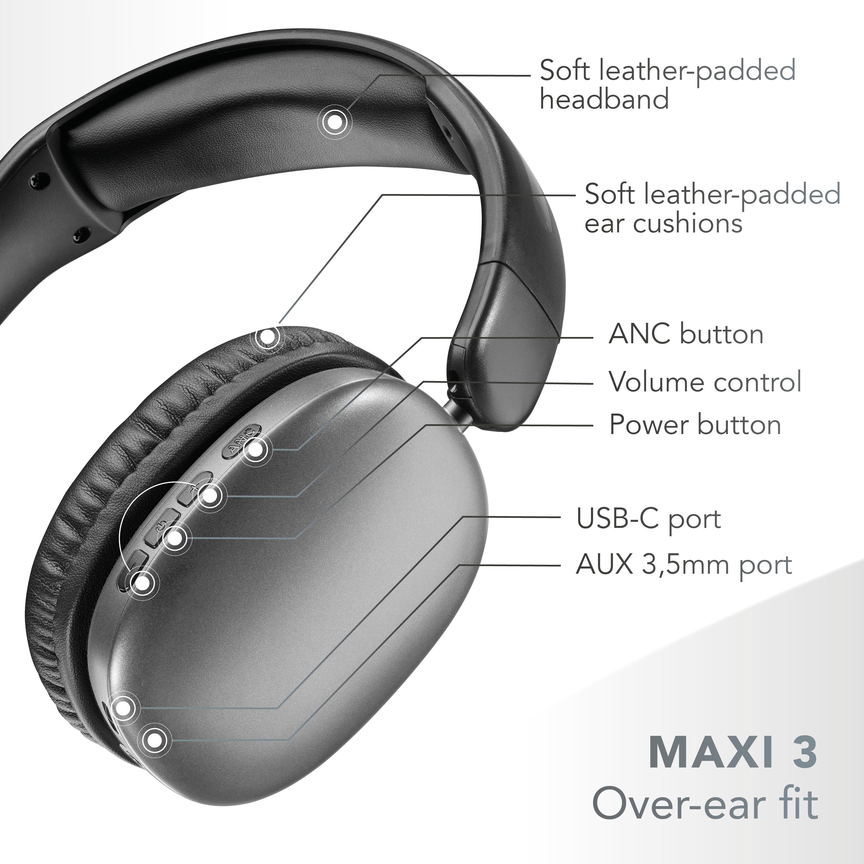 Cuffie over-ear nere con imbottitura in pelle, ANC, volume e porta USB-C.