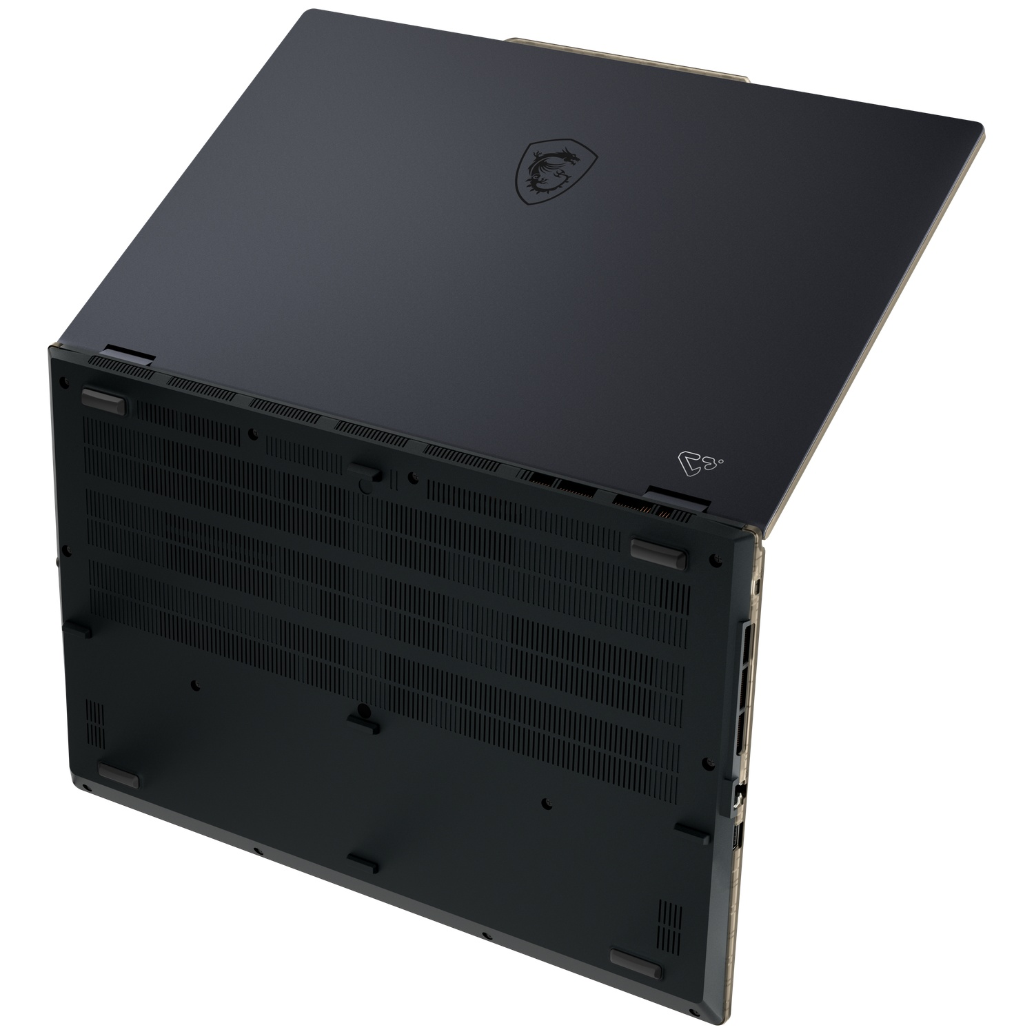 Top view of an open black laptop with ventilation slots on the bottom.