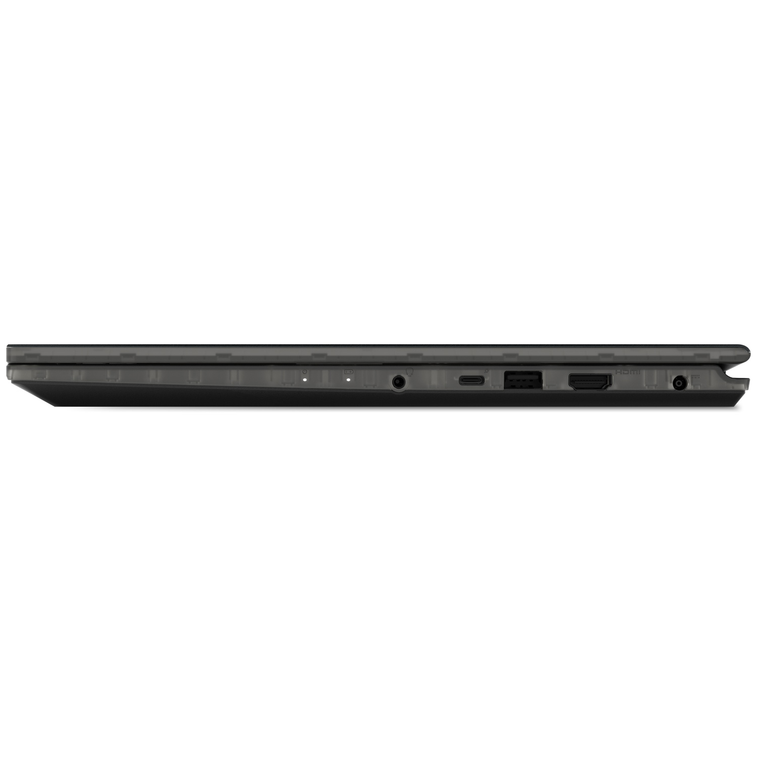 Gray laptop edge with ports: USB-C, HDMI, audio jack.