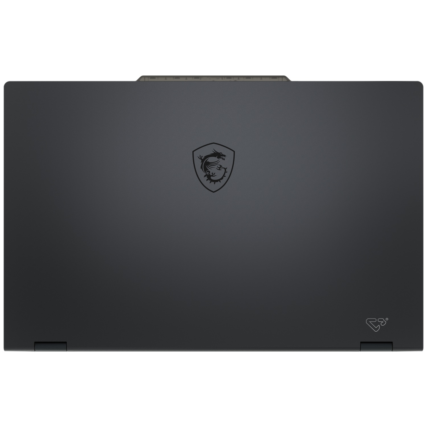 Closed dark gray laptop with a black dragon logo and a small logo on the bottom right.