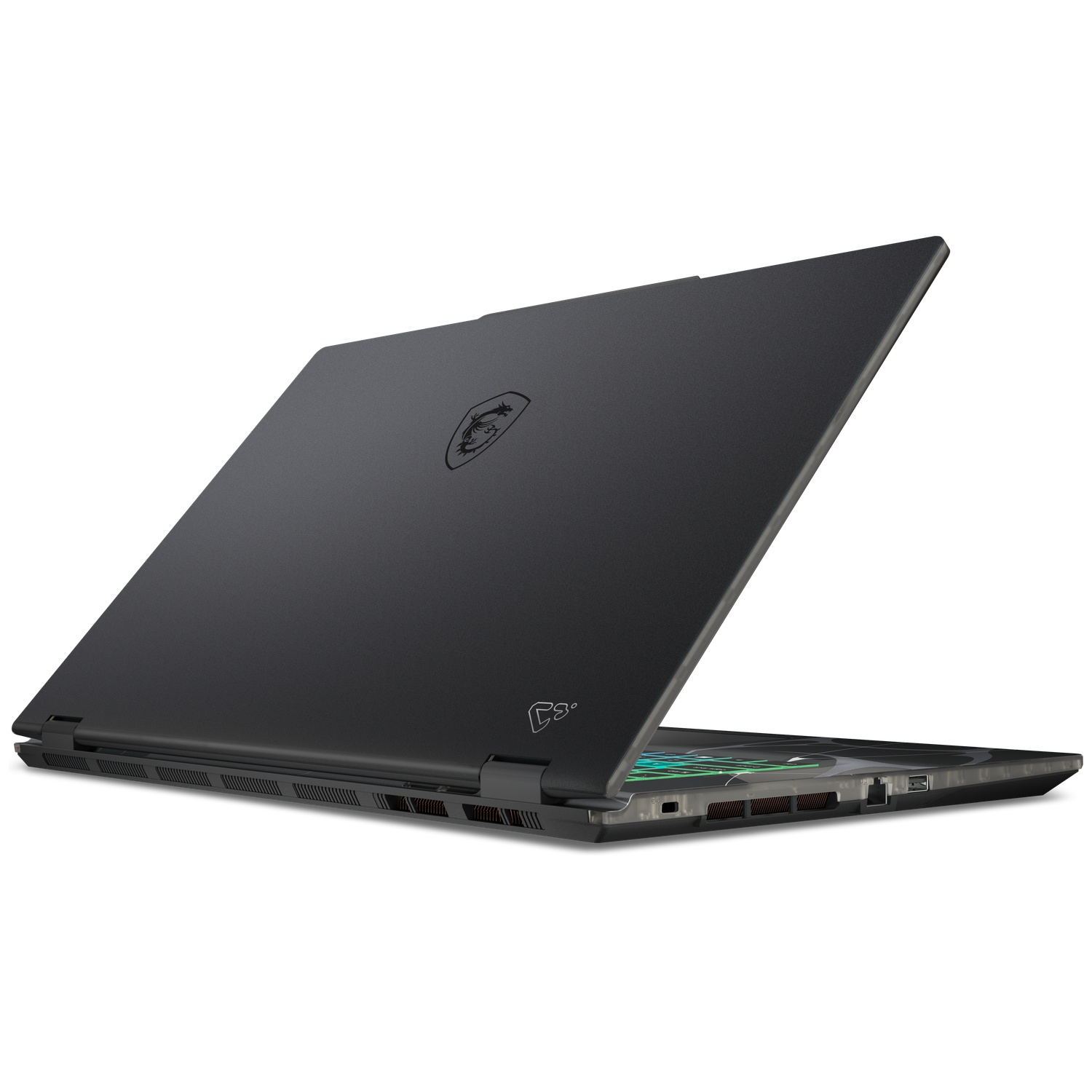 Black MSI laptop, open, viewed from the side on a white background.