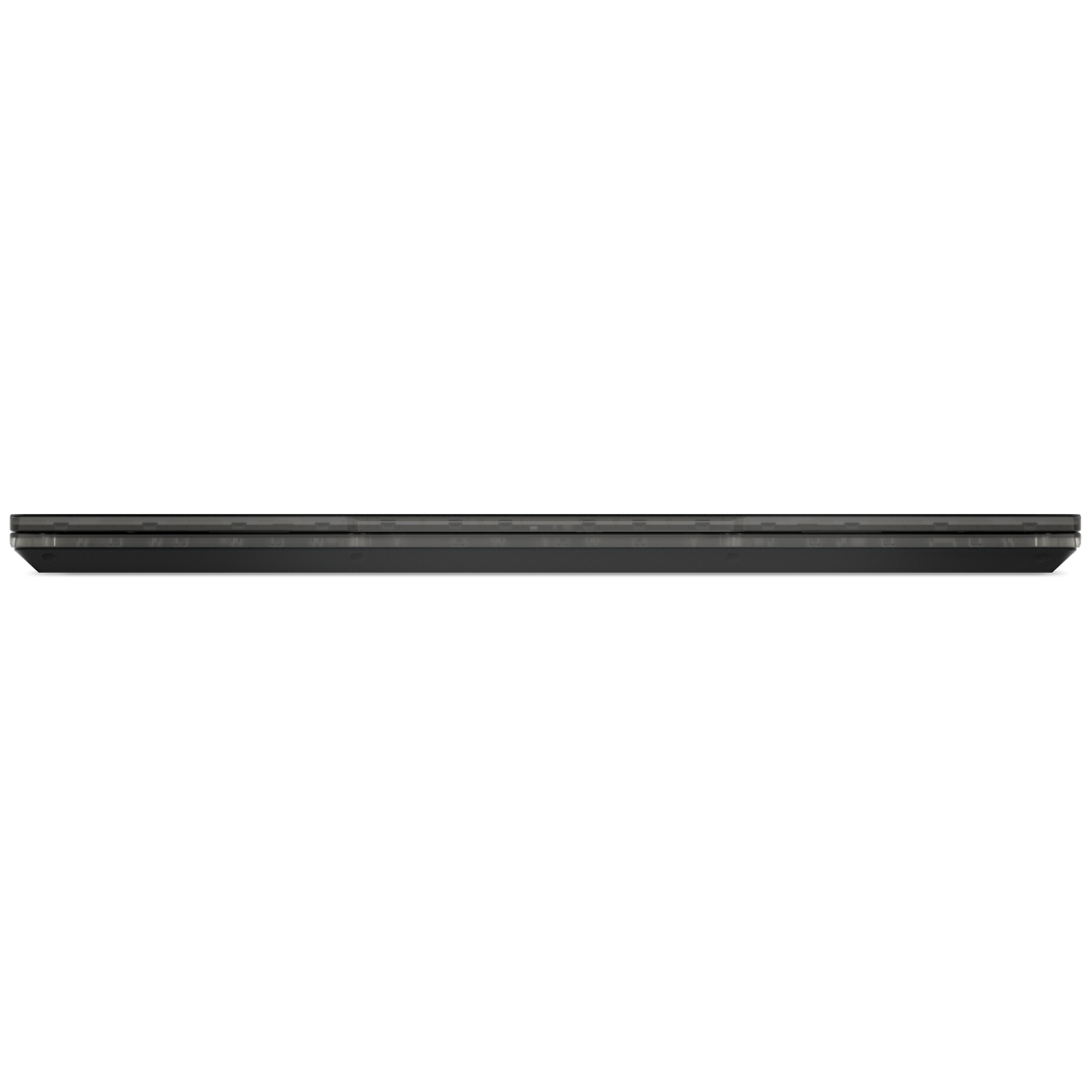 A closed black laptop viewed from the side, resting on a white background.