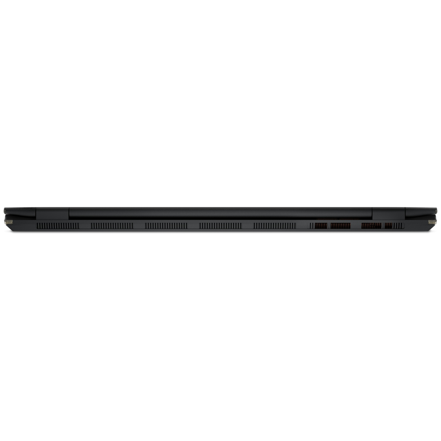 Closed black laptop in side profile on a white background.
