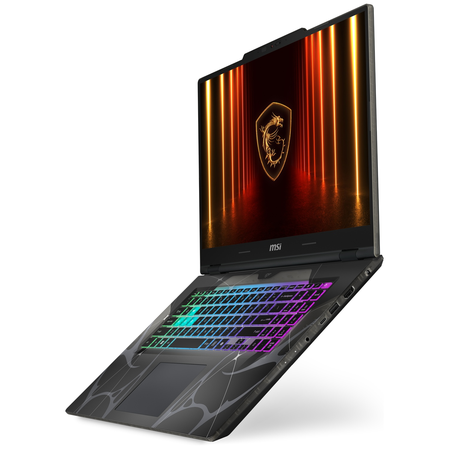 MSI laptop open, showing glowing keyboard and dragon logo on screen.