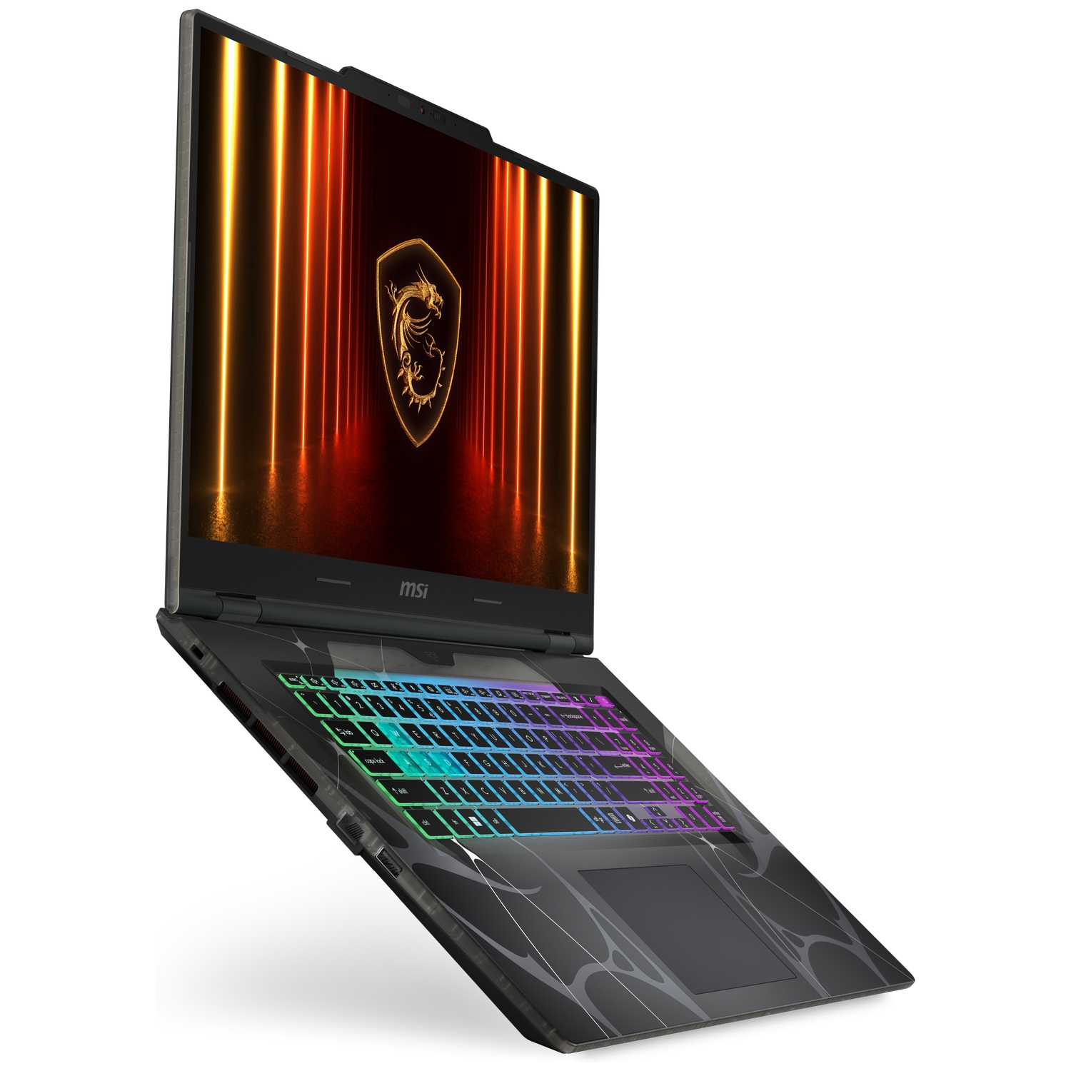 An open laptop with a backlit keyboard and MSI logo on the screen.