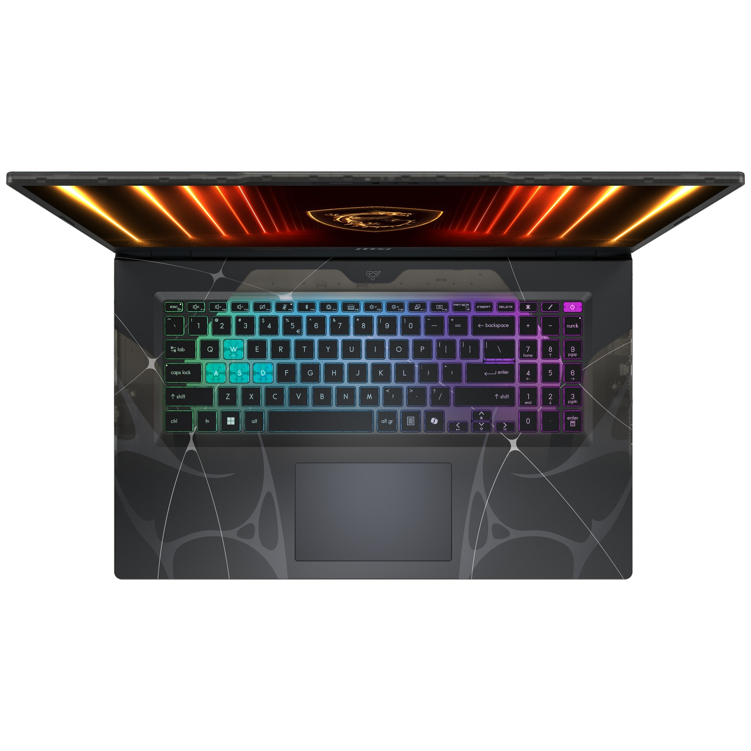 Top view of an open laptop with a glowing orange screen and a colorful keyboard.