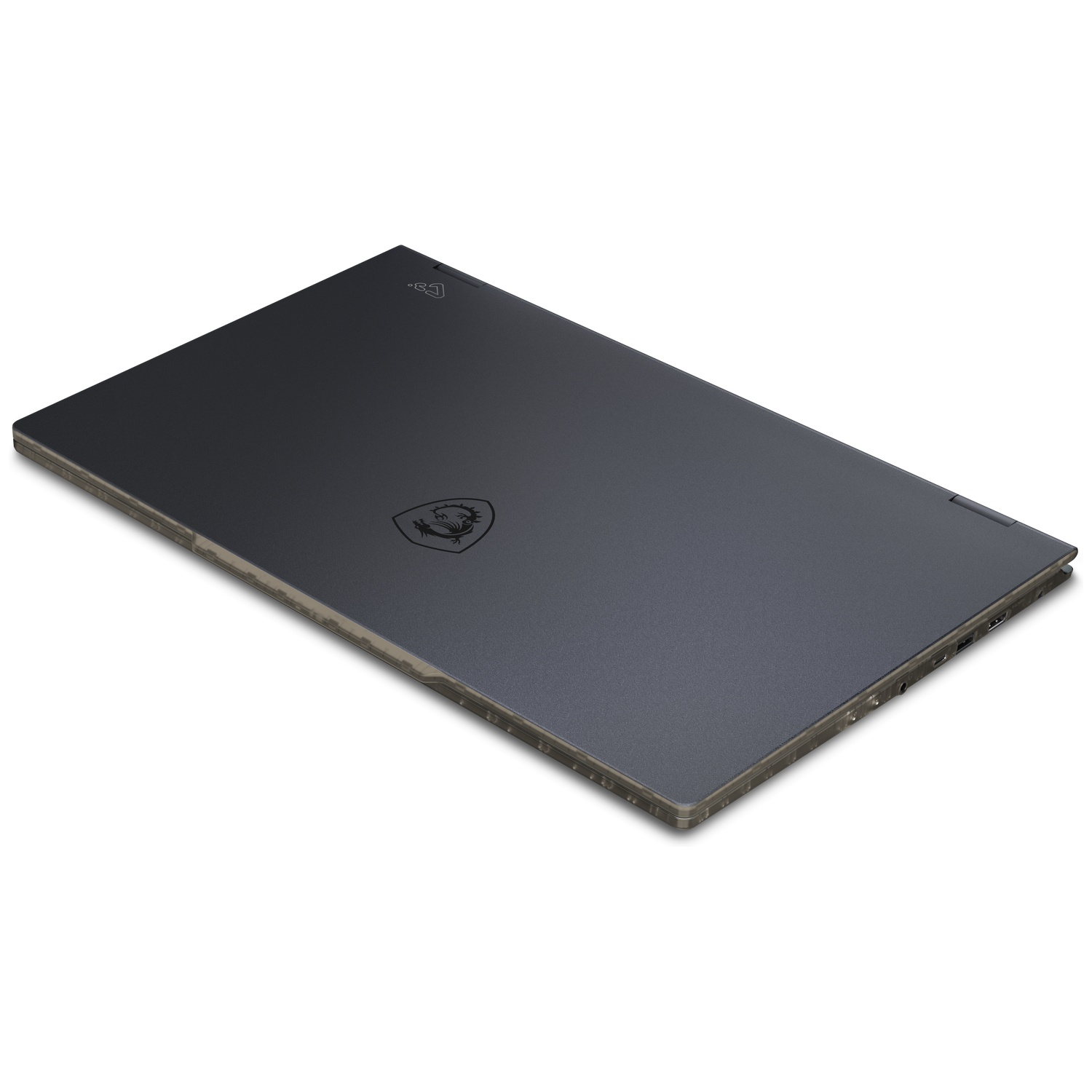 A closed, dark laptop with an MSI logo on the lid.
