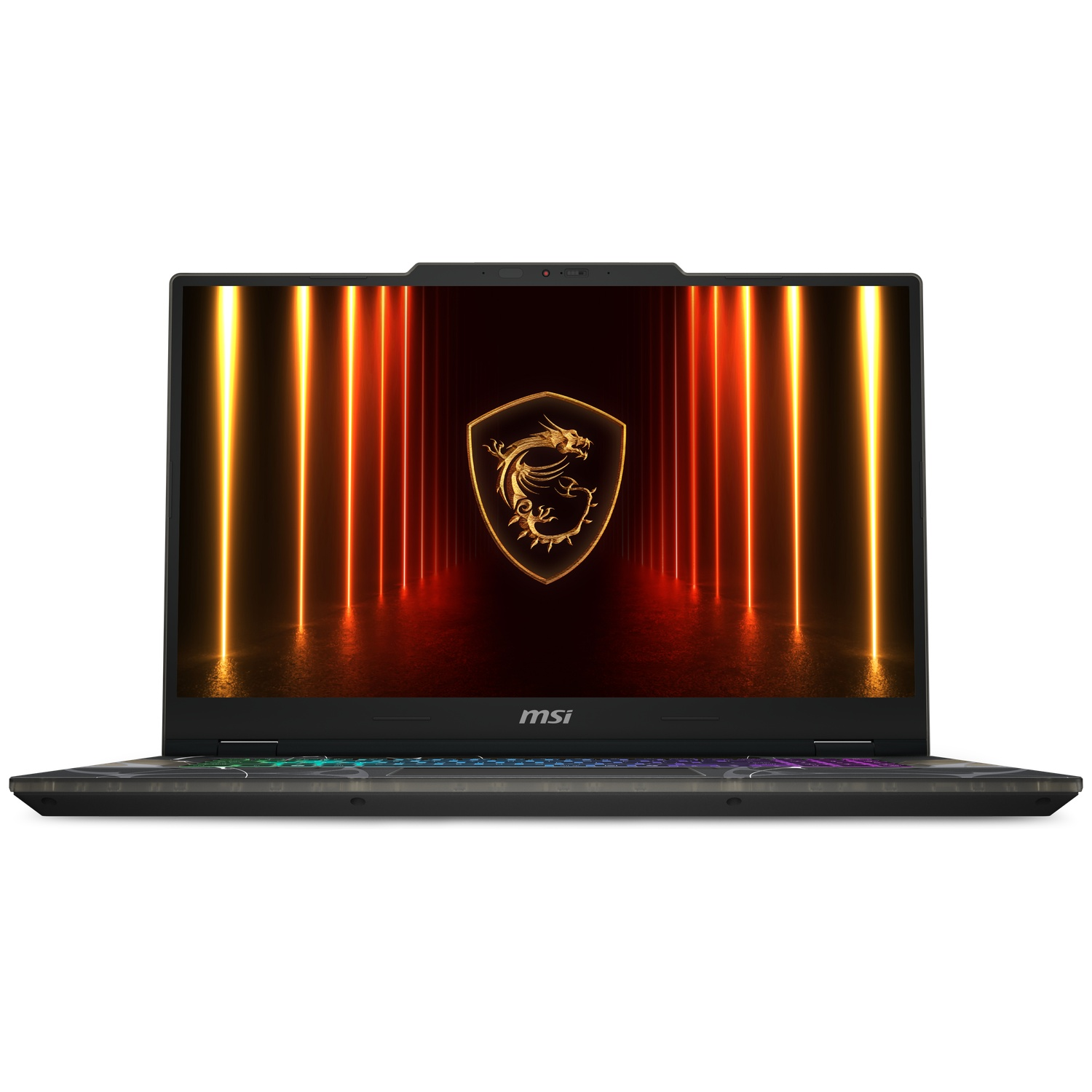 An open MSI laptop displays a dragon logo and neon lights on its screen.