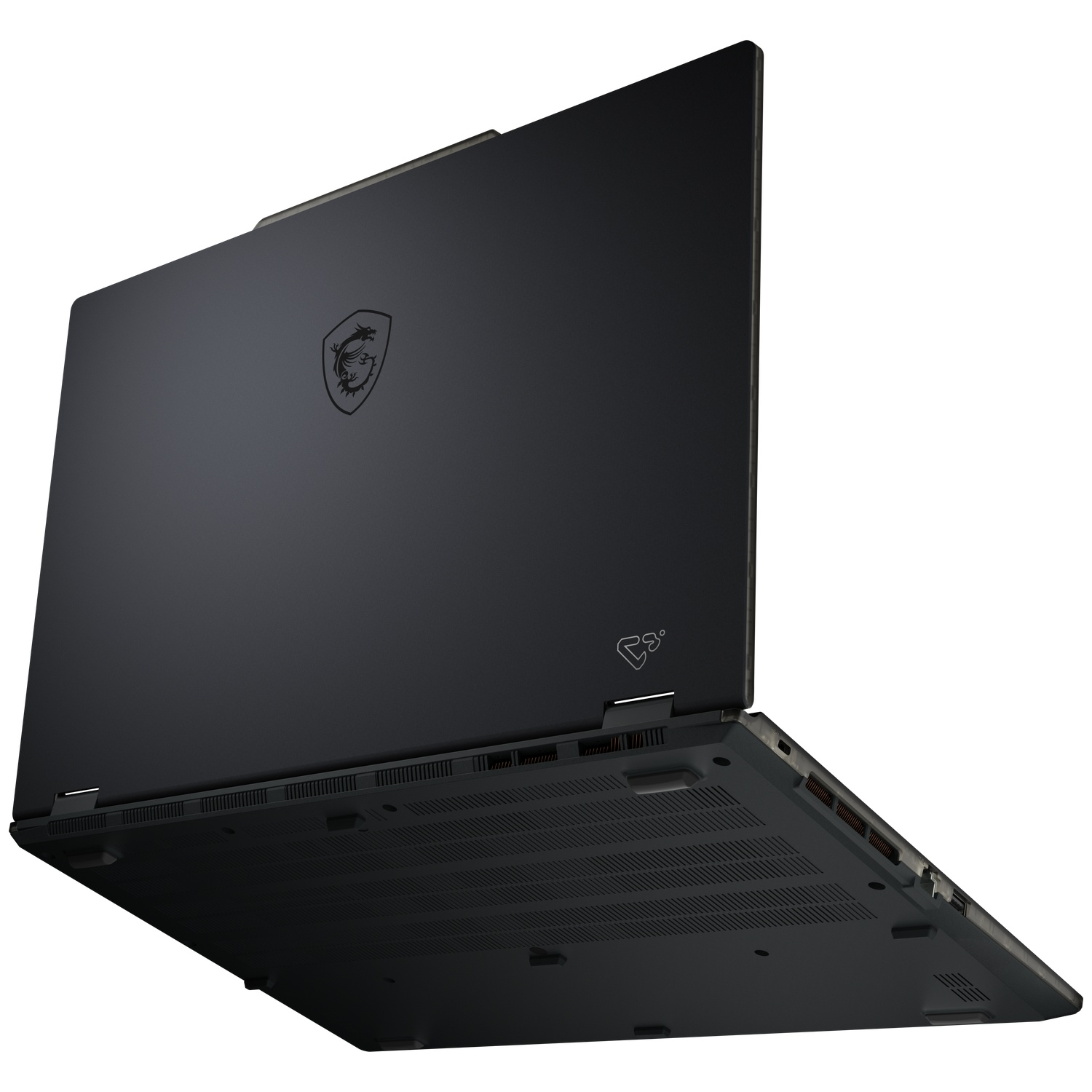 Black laptop, shown from below, featuring MSI logo and ventilation slots.