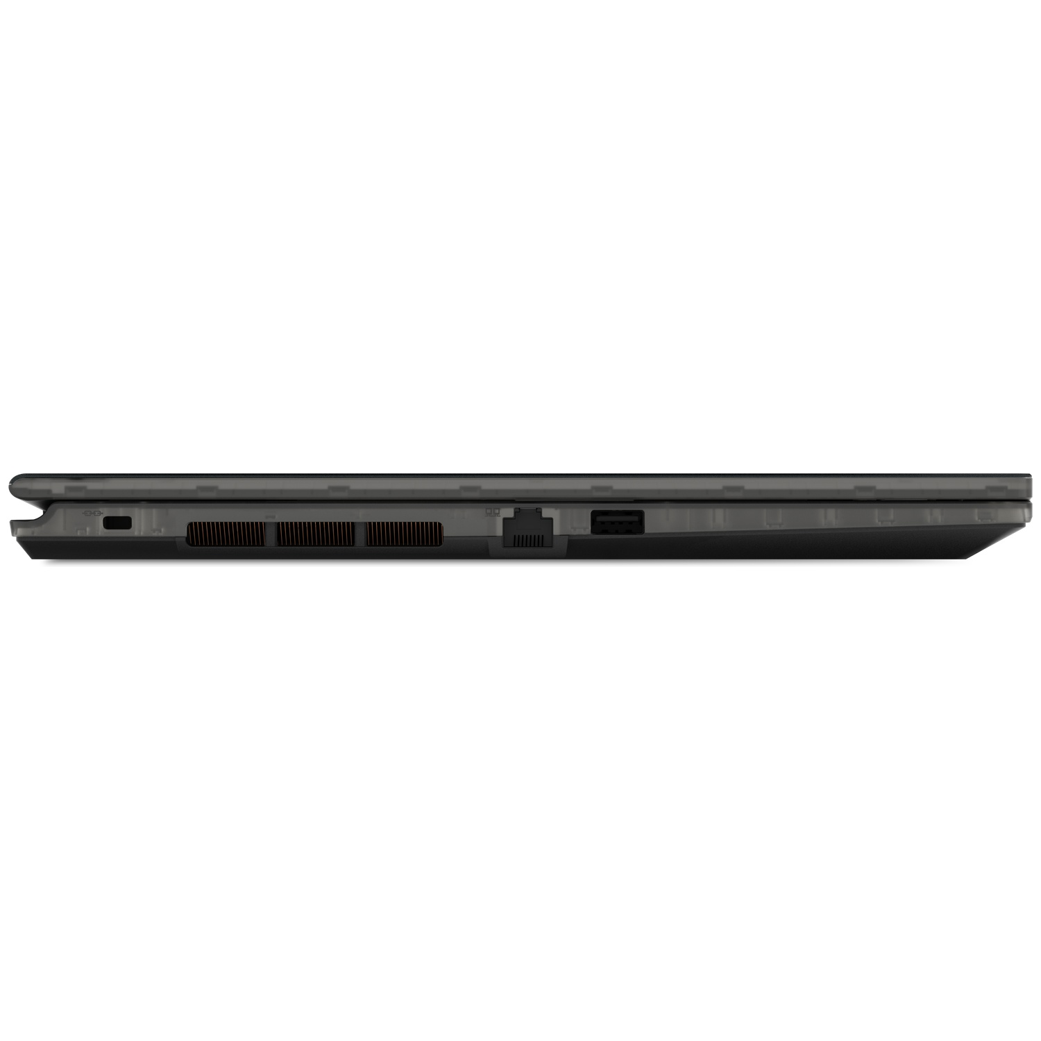Side view of a dark laptop showing ports and vents.