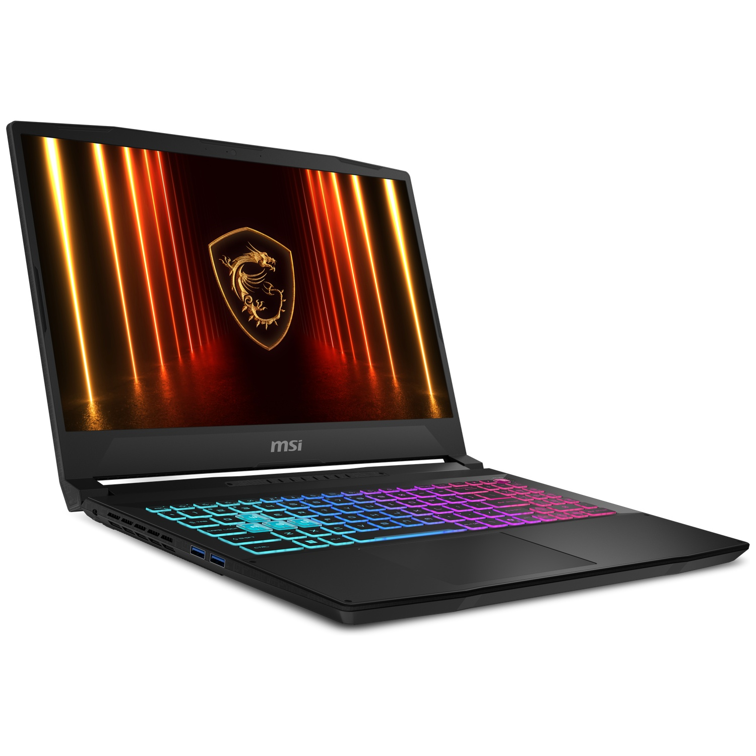 A black MSI laptop with a dragon logo on the screen and colorful keyboard.