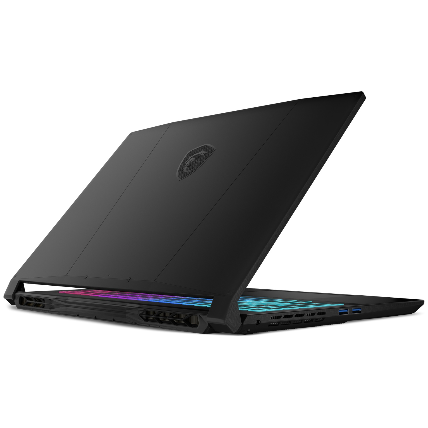 Black MSI laptop with illuminated keyboard, logo on lid, and ports on side.