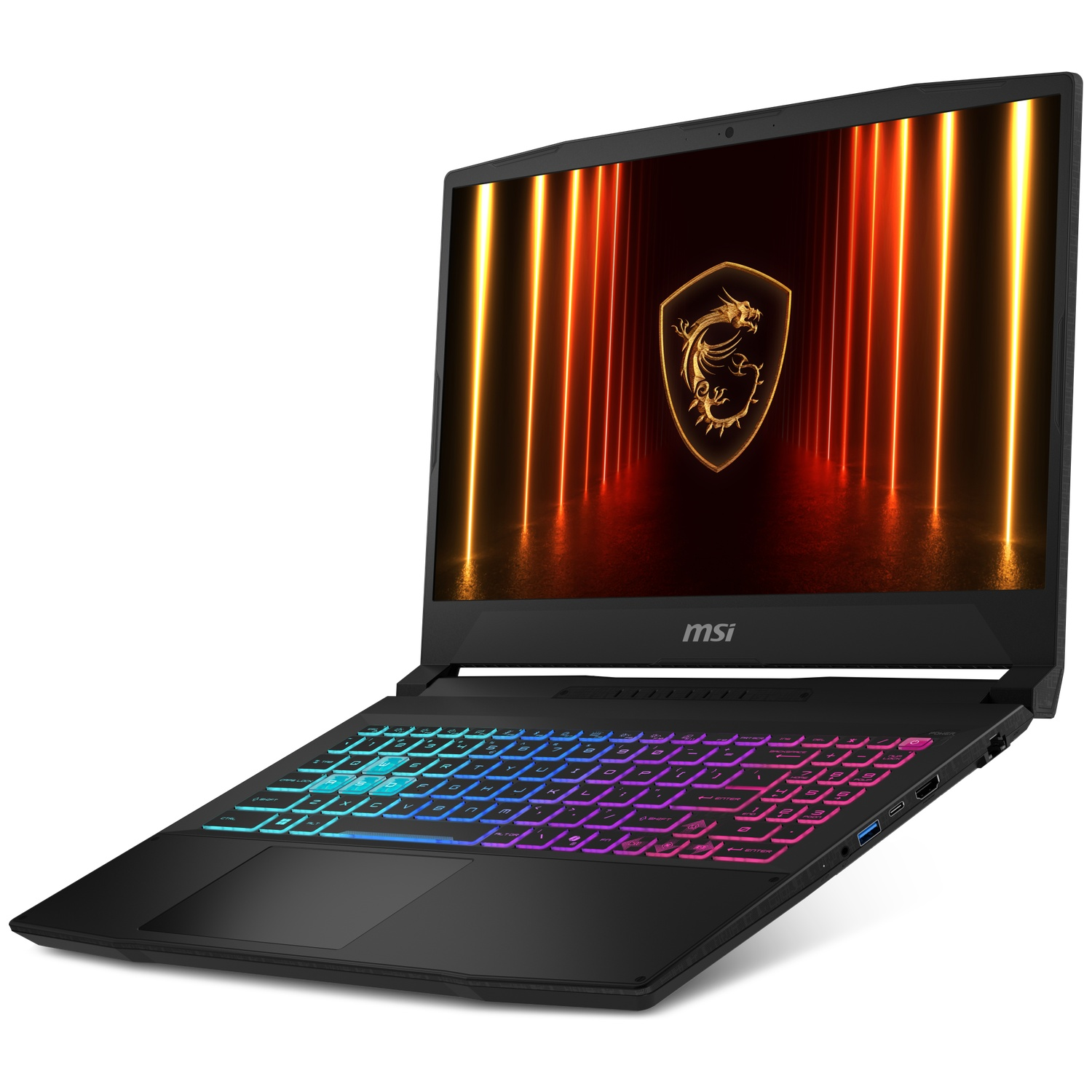 A black laptop with a backlit keyboard and MSI logo on screen.
