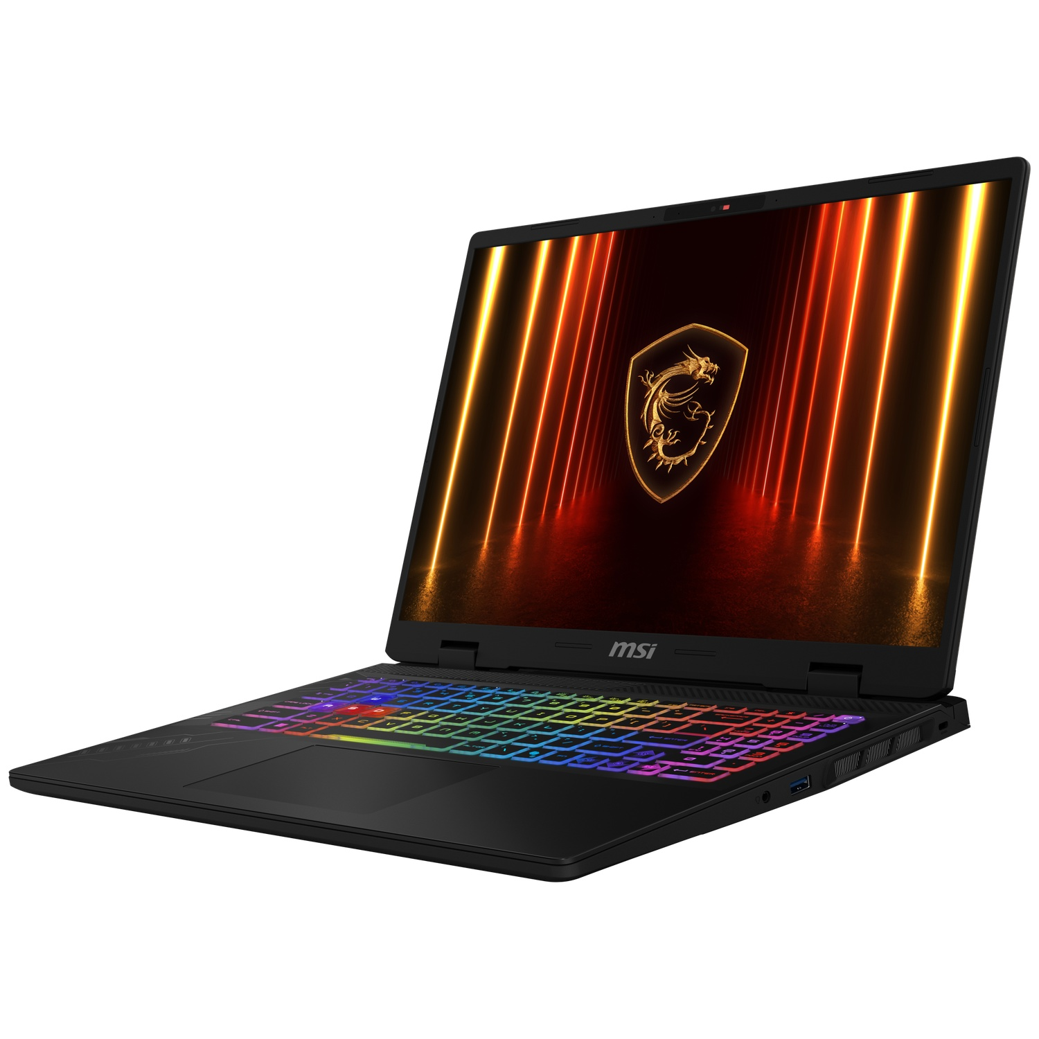 Black MSI laptop with a colorful keyboard and a dragon logo on the screen.