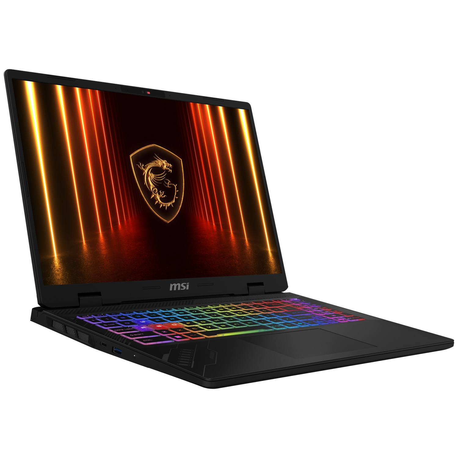 A black MSI gaming laptop with a backlit keyboard and a dragon logo on the screen.
