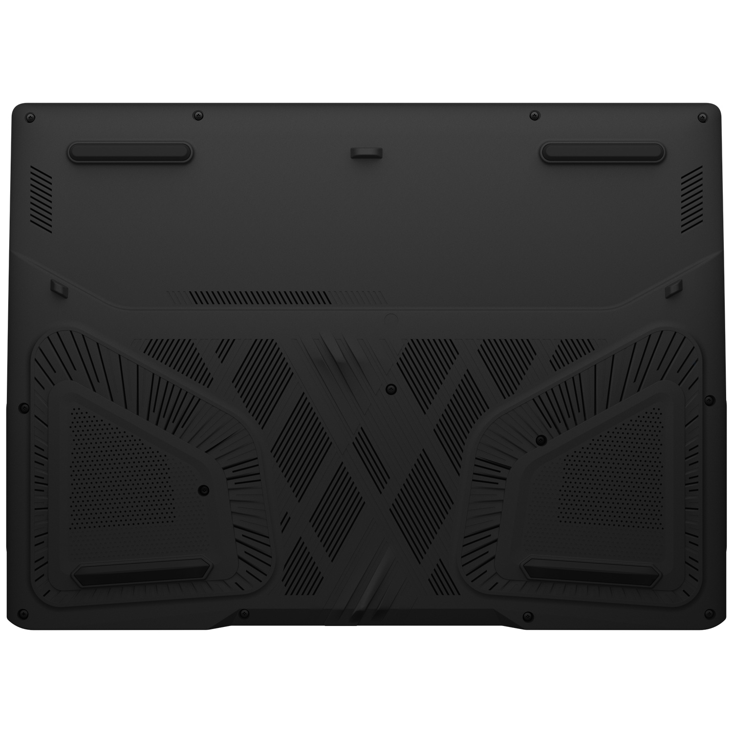 Underside of a black laptop with ventilation slots and rubber feet.