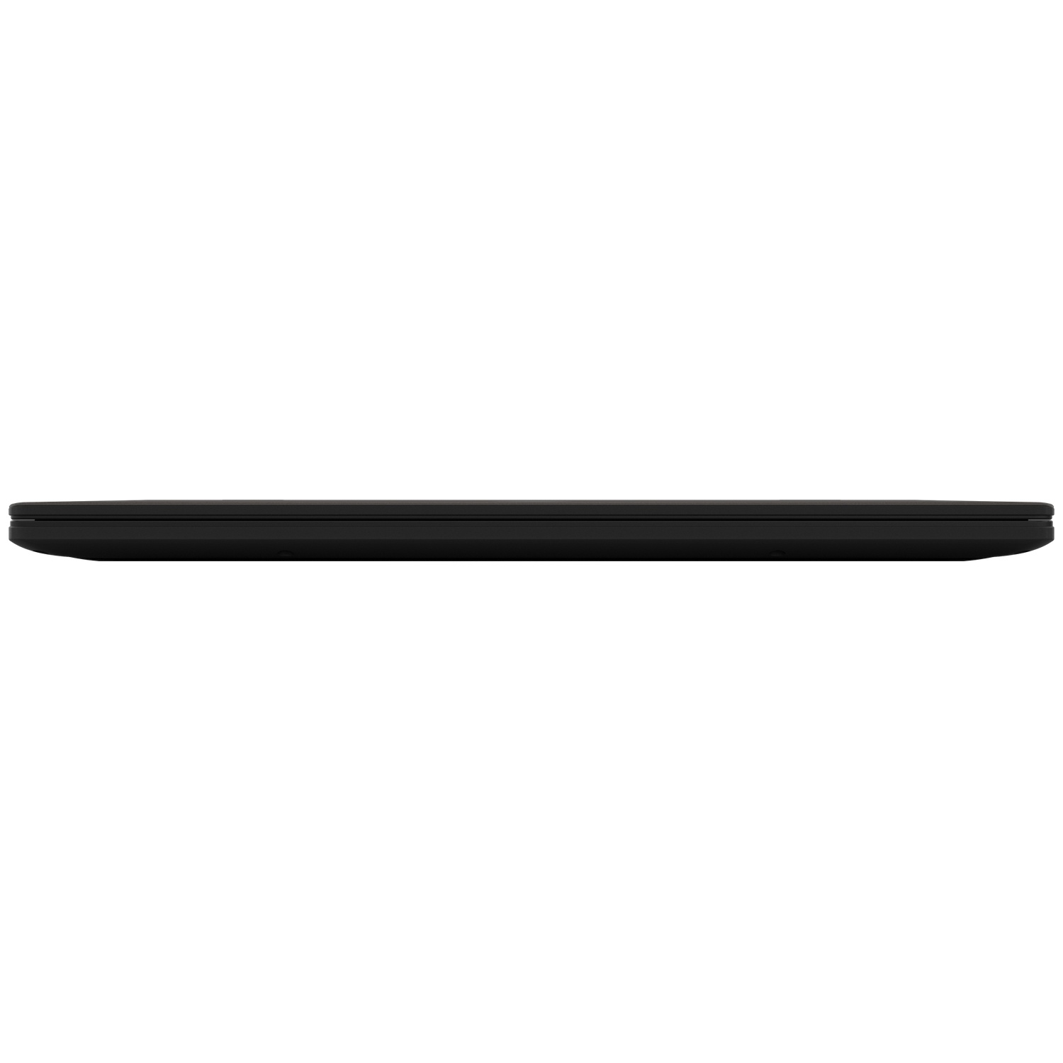 Closed black laptop seen from the side on a white background.