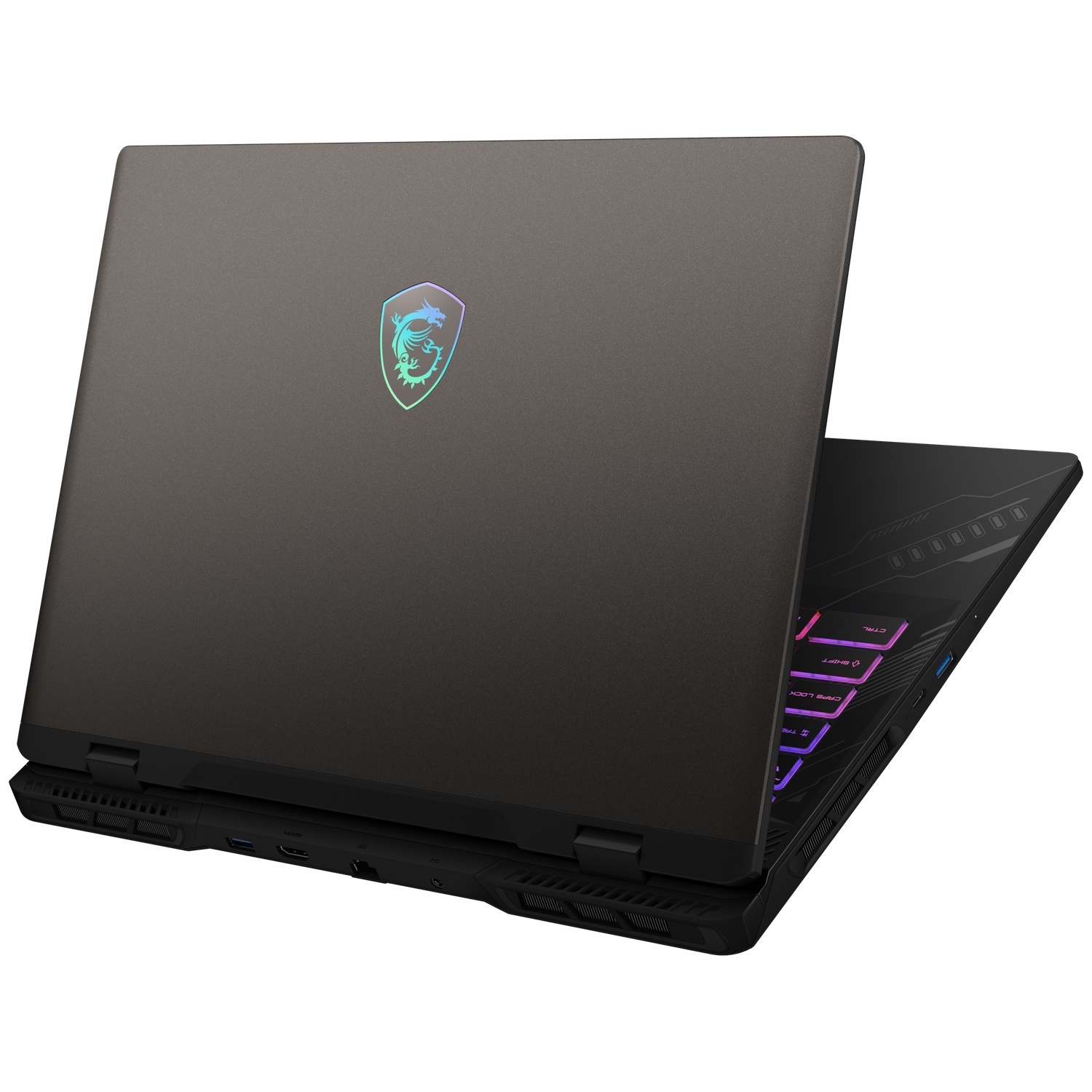 An open black laptop with a backlit keyboard and MSI logo on the lid.