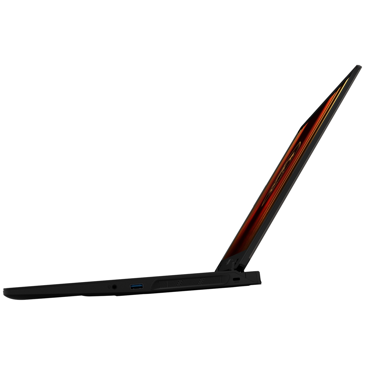 An open black laptop viewed from the side, with a glowing screen.