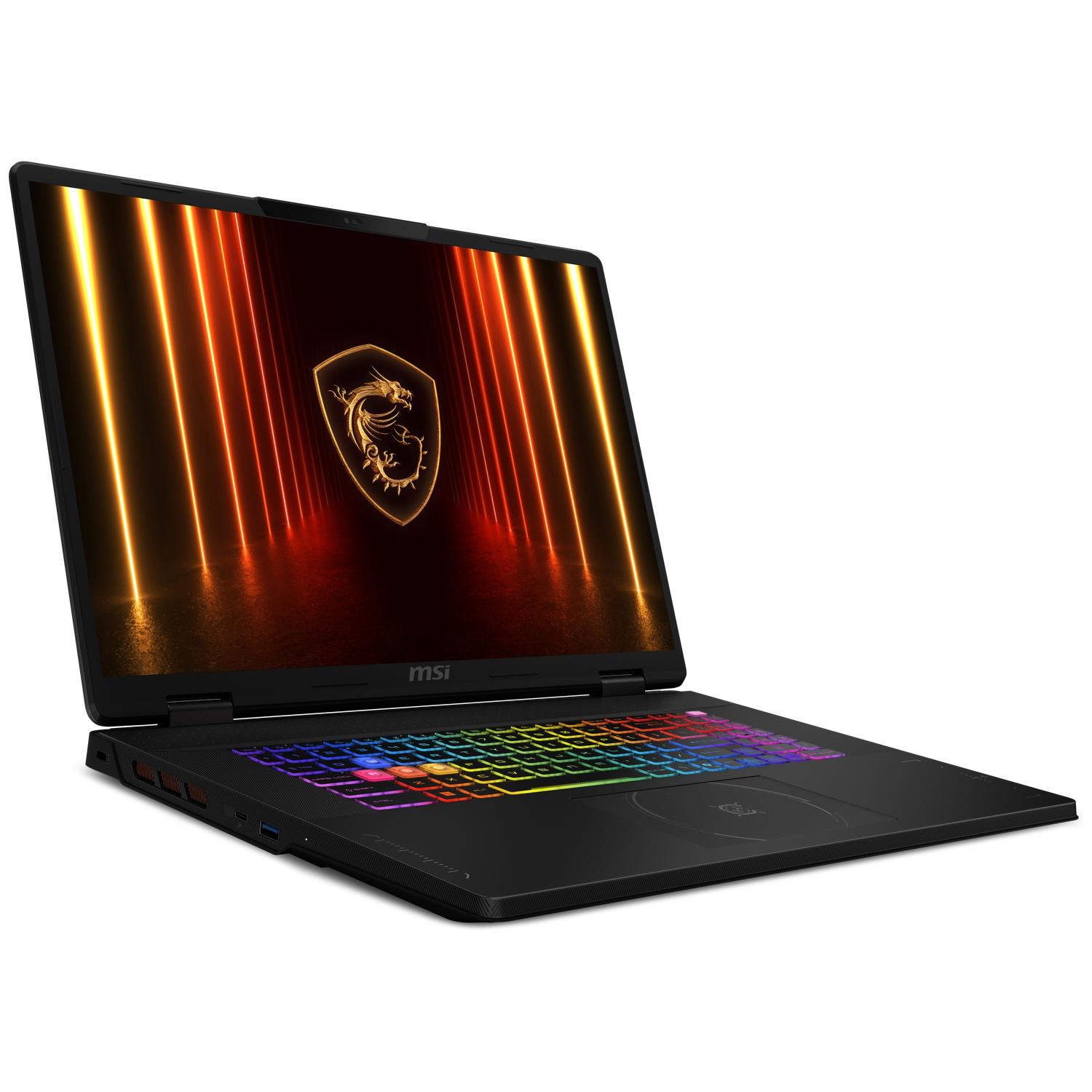 Black laptop with illuminated keyboard and dragon logo displayed on screen.