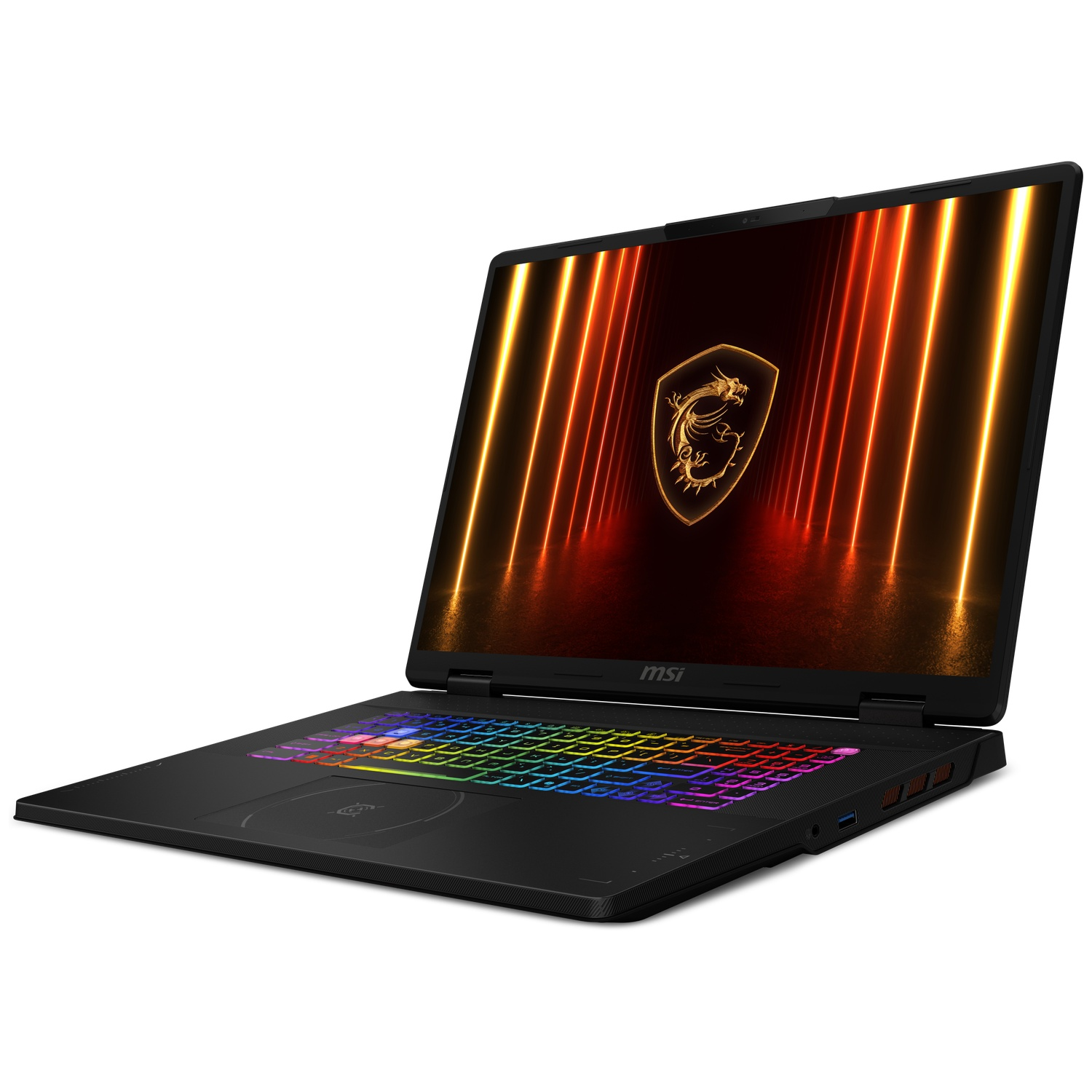Black MSI gaming laptop with a rainbow-lit keyboard and dragon logo on screen.