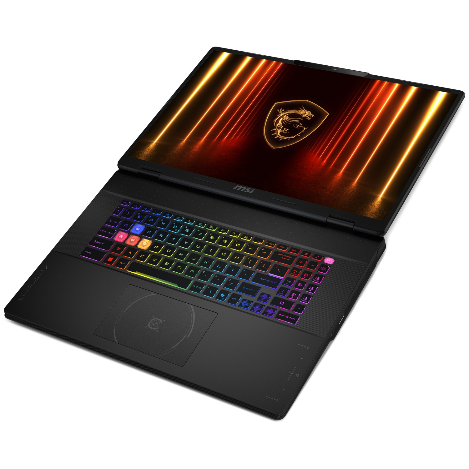 An open black laptop with a backlit keyboard and dragon logo on the screen.