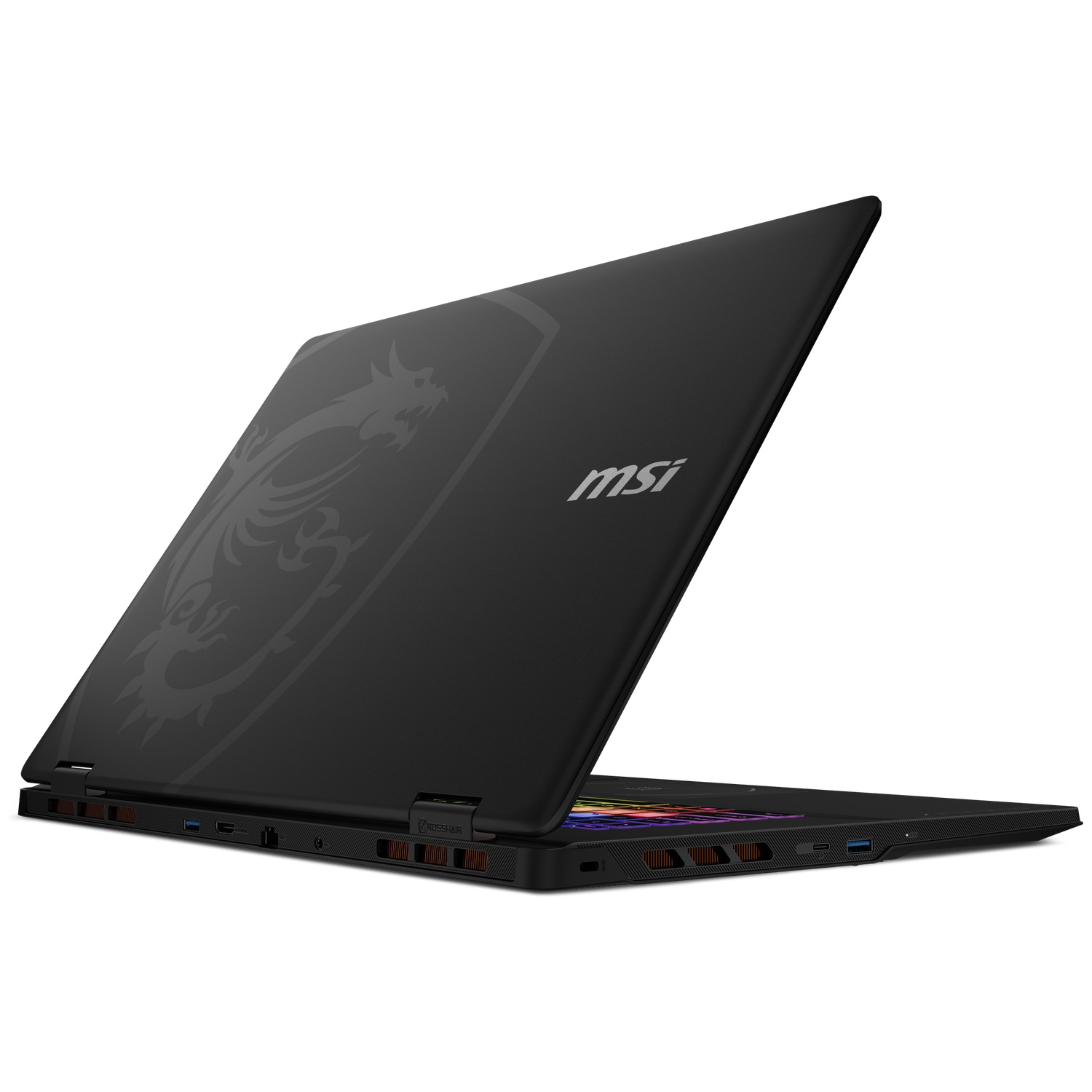 Black laptop with dragon logo and MSI logo, partially open.