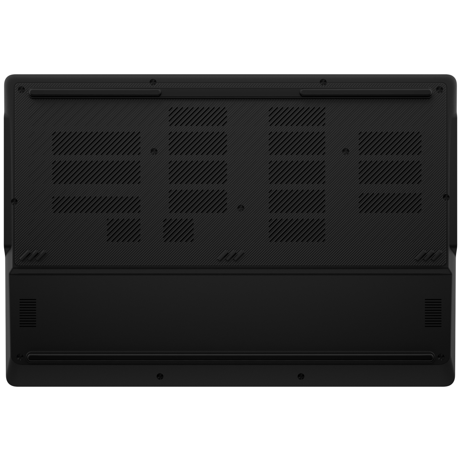 Underside of a black laptop with vents and screws.