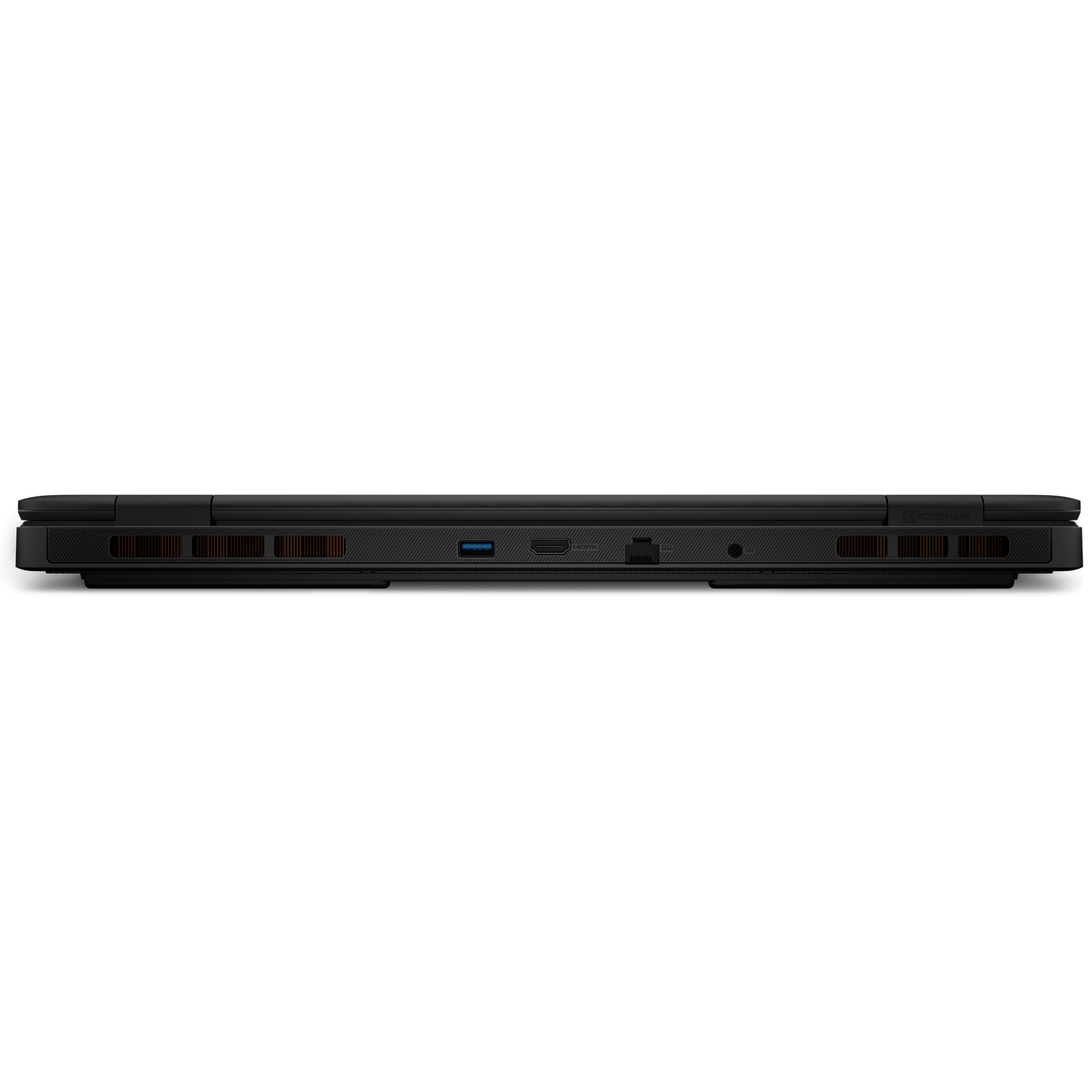 Black laptop side with ports: USB, HDMI, Ethernet, audio jack, and vents.